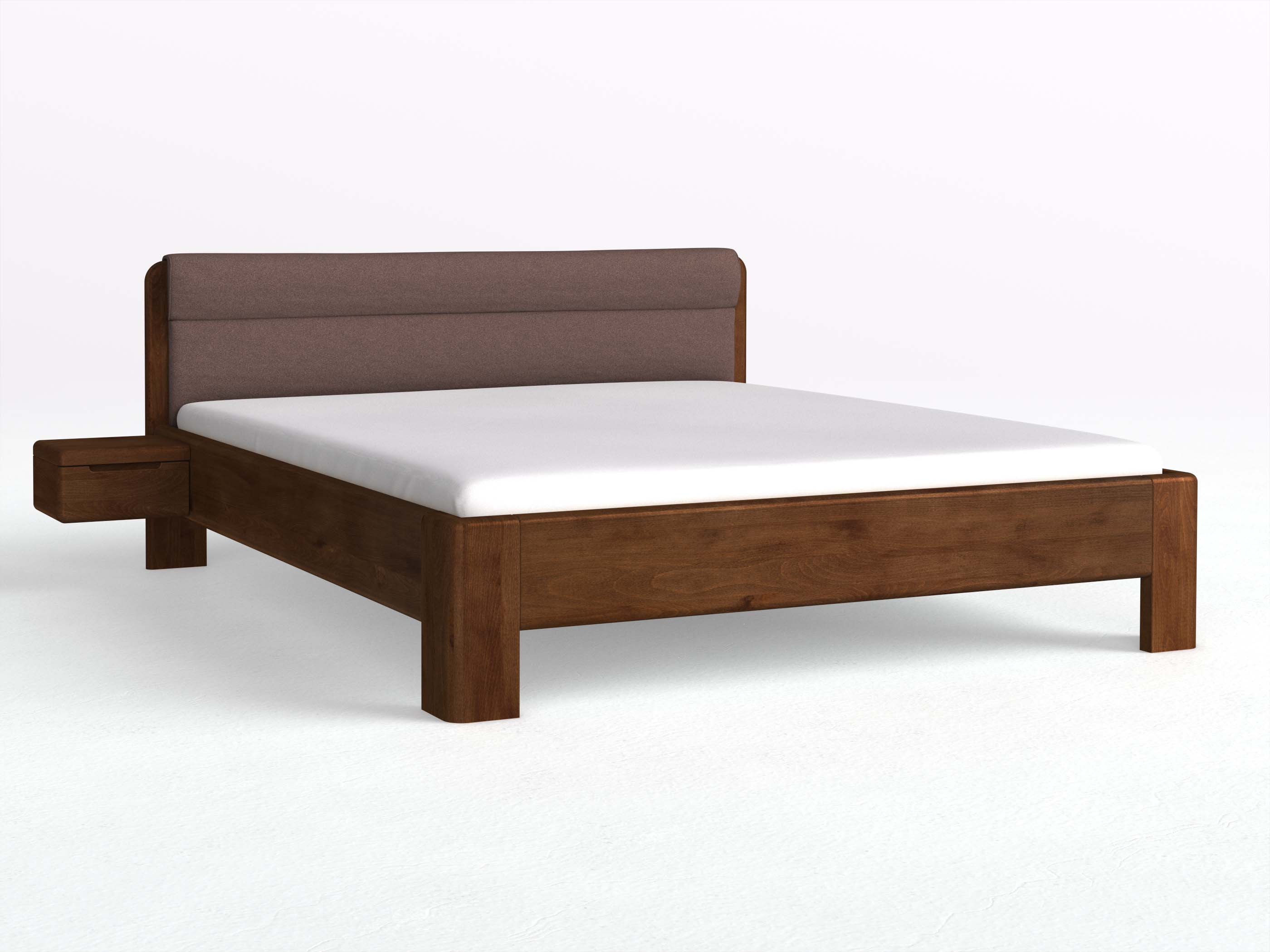 Buchenbett Dunkel „Niklas“ in 180 x 200 cm mit 2 Nachttischen - Griff: Griffleiste B und mit Stoffkopfteil - Stoff: Schafschurwolle „Loden“ in der Farbe Abenddämmerung