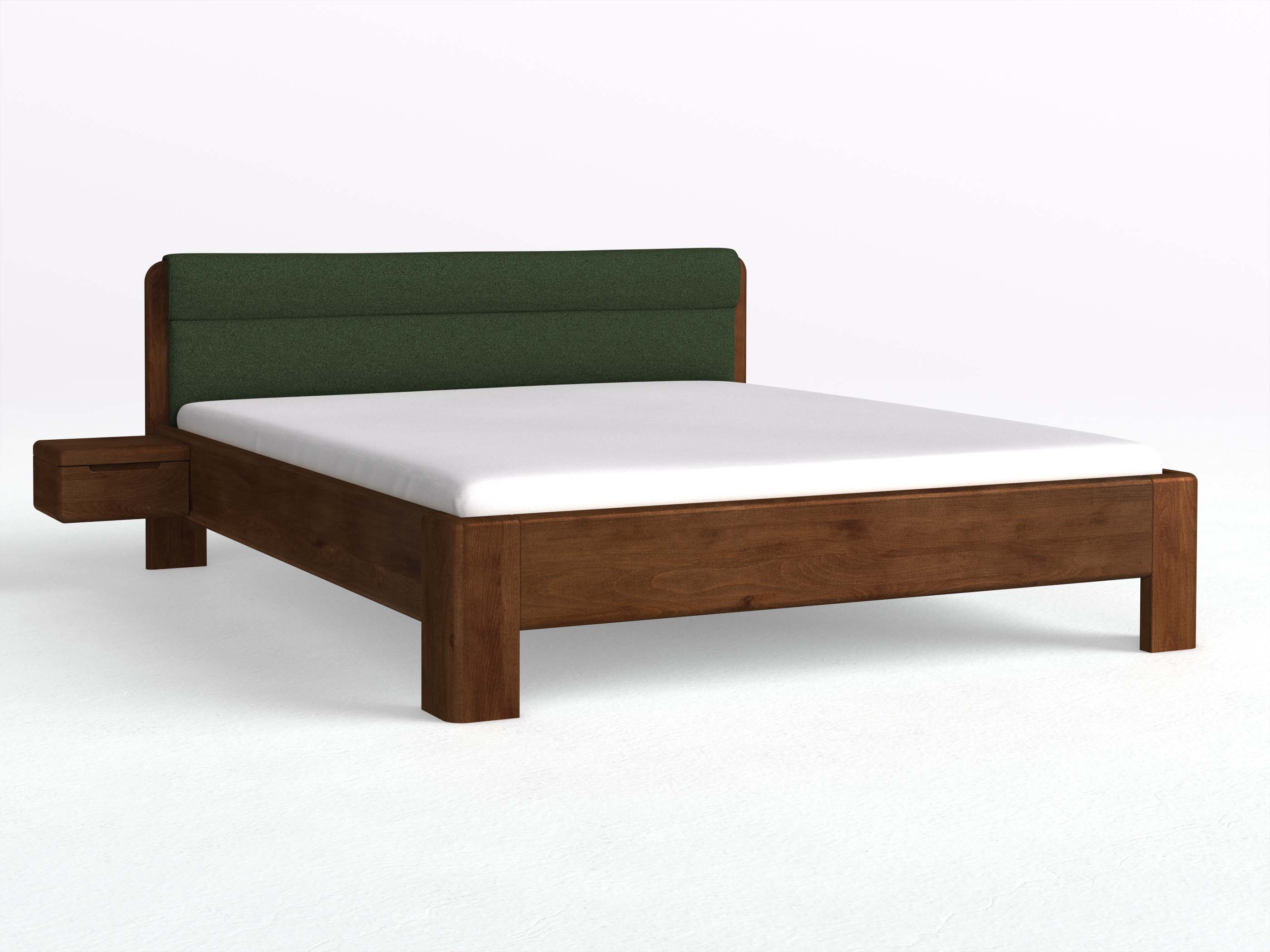 Buchenbett Dunkel „Niklas“ in 180 x 200 cm mit 2 Nachttischen - Griff: Griffleiste B und mit Stoffkopfteil - Stoff: Schafschurwolle „Loden“ in der Farbe Tannenwald