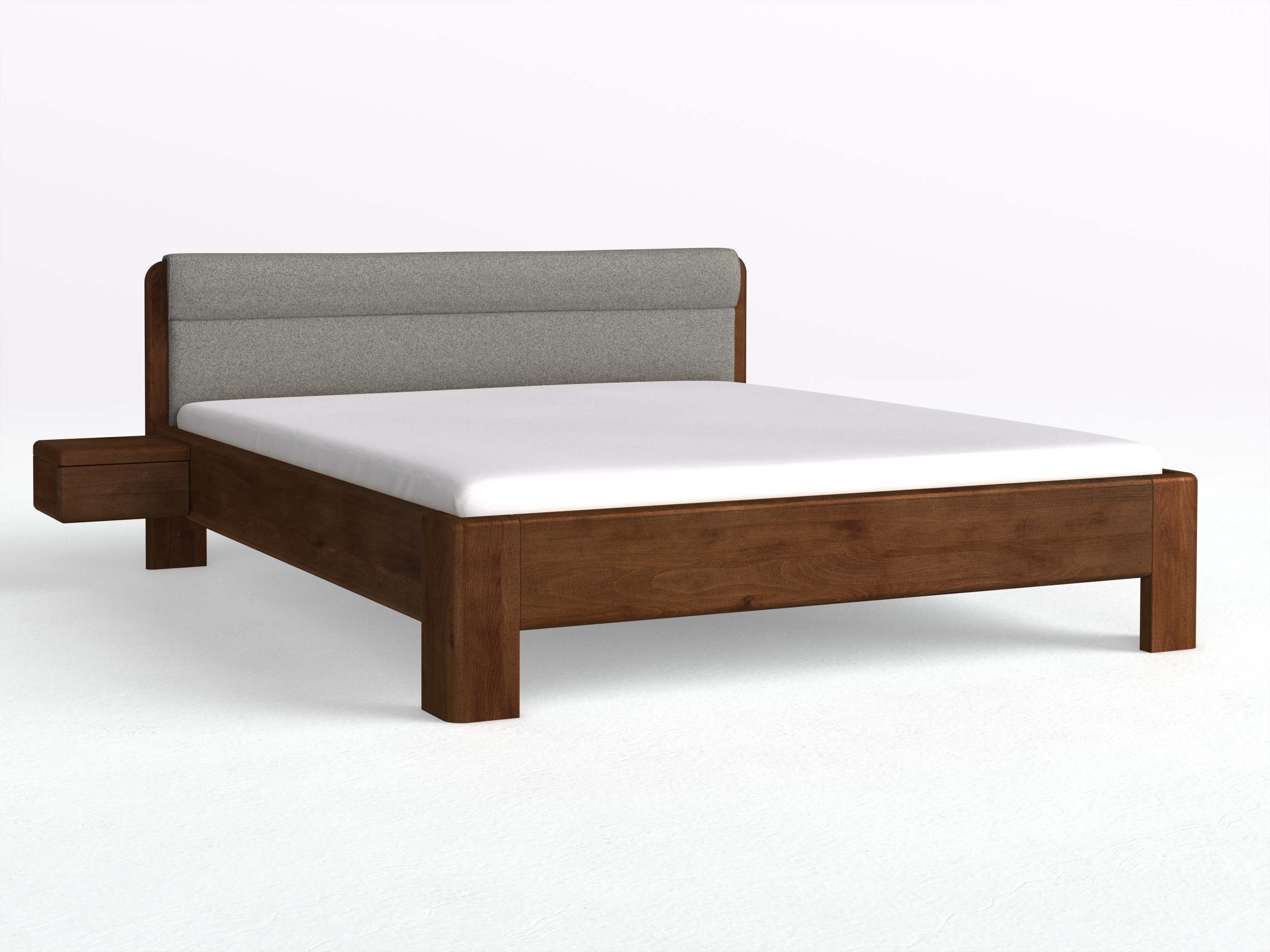 Buchenbett Dunkel „Niklas“ in 180 x 200 cm mit 2 Nachttischen - Griff: Grifflos und mit Stoffkopfteil - Stoff: Schafschurwolle „Fischgrät“ in der Farbe Grauer Mohn