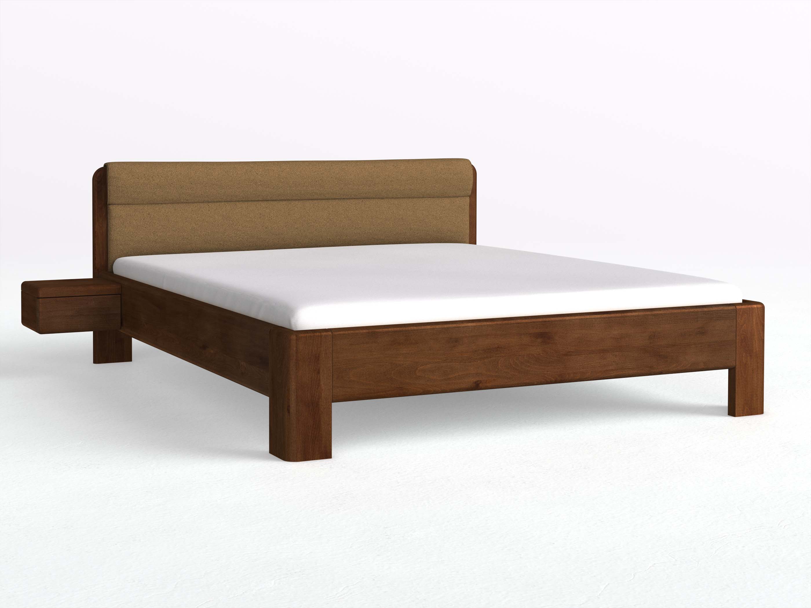 Buchenbett Dunkel „Niklas“ in 180 x 200 cm mit 2 Nachttischen - Griff: Grifflos und mit Stoffkopfteil - Stoff: Schafschurwolle „Loden“ in der Farbe Zimtrinde