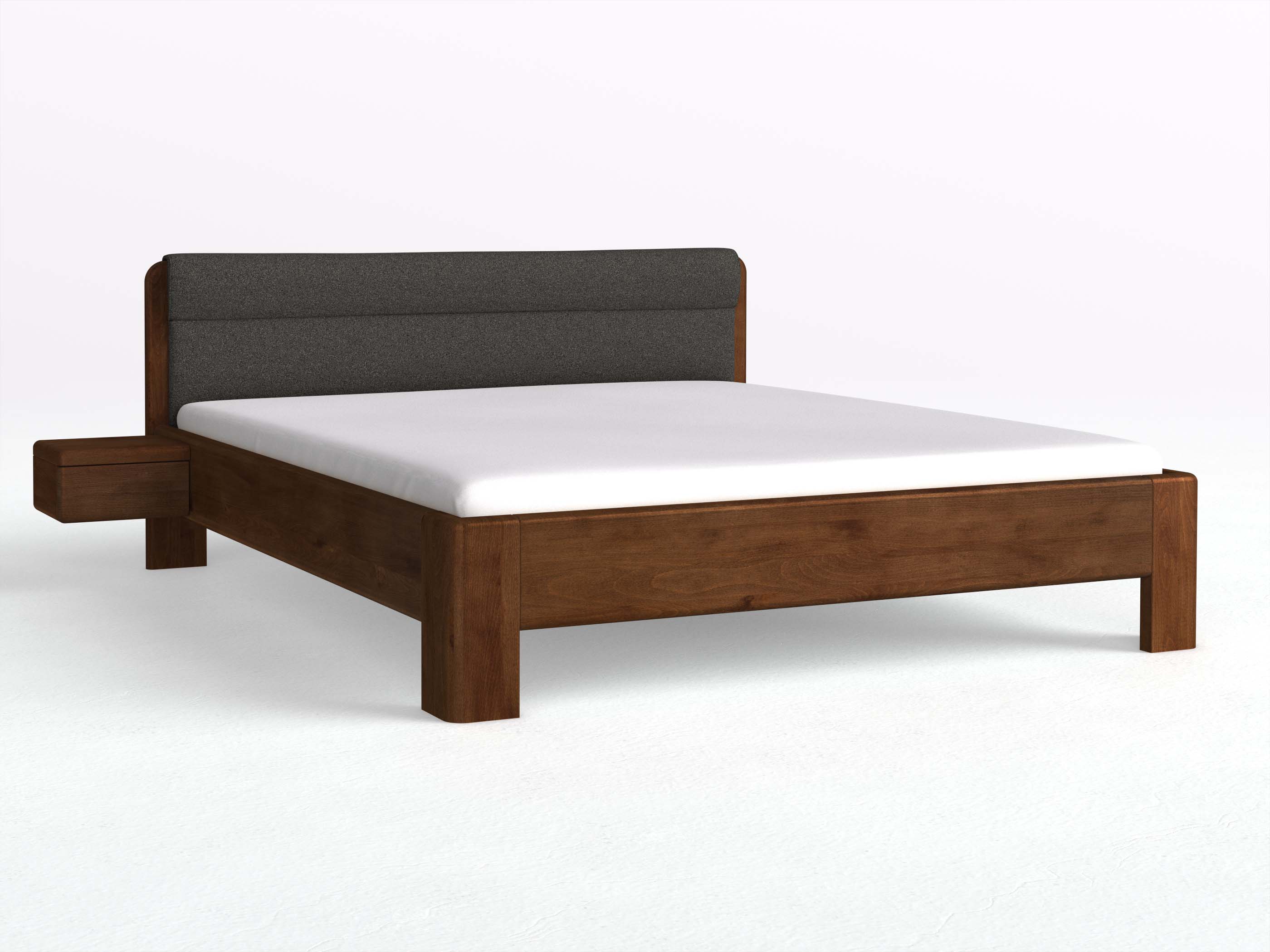 Buchenbett Dunkel „Niklas“ in 180 x 200 cm mit 2 Nachttischen - Griff: Grifflos und mit Stoffkopfteil - Stoff: Schafschurwolle „Loden“ in der Farbe Anthrazit