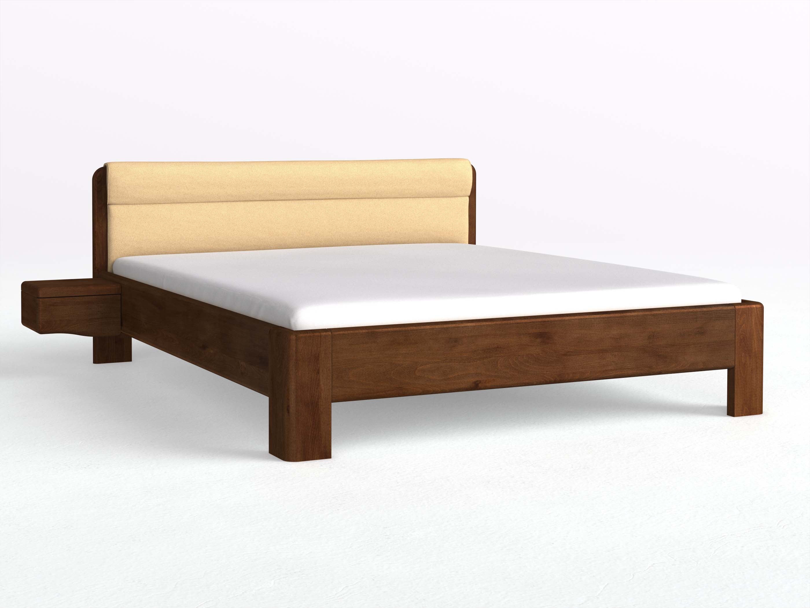 Buchenbett Dunkel „Niklas“ in 180 x 200 cm mit 2 Nachttischen - Griff: Welle und mit Stoffkopfteil - Stoff: Schafschurwolle „Fischgrät“ in der Farbe Goldhirse