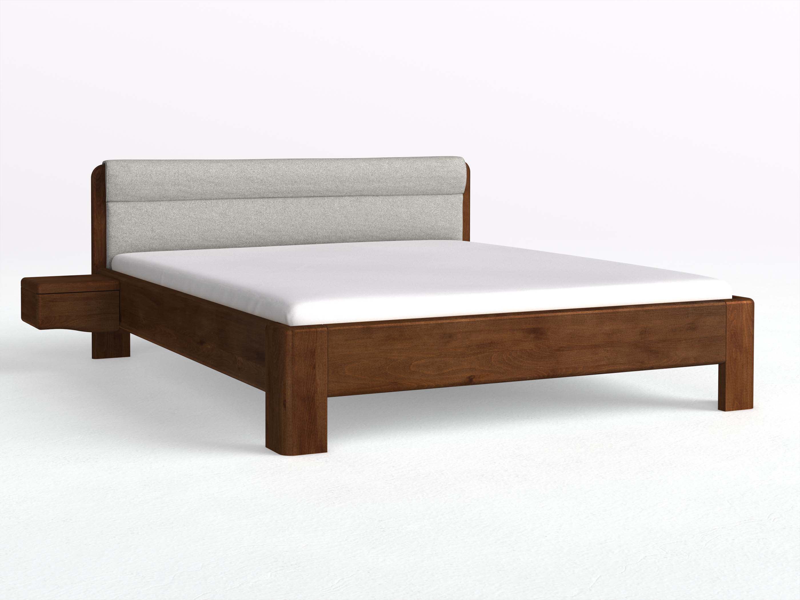 Buchenbett Dunkel „Niklas“ in 180 x 200 cm mit 2 Nachttischen - Griff: Welle und mit Stoffkopfteil - Stoff: Schafschurwolle „Loden“ in der Farbe Nebelgrau