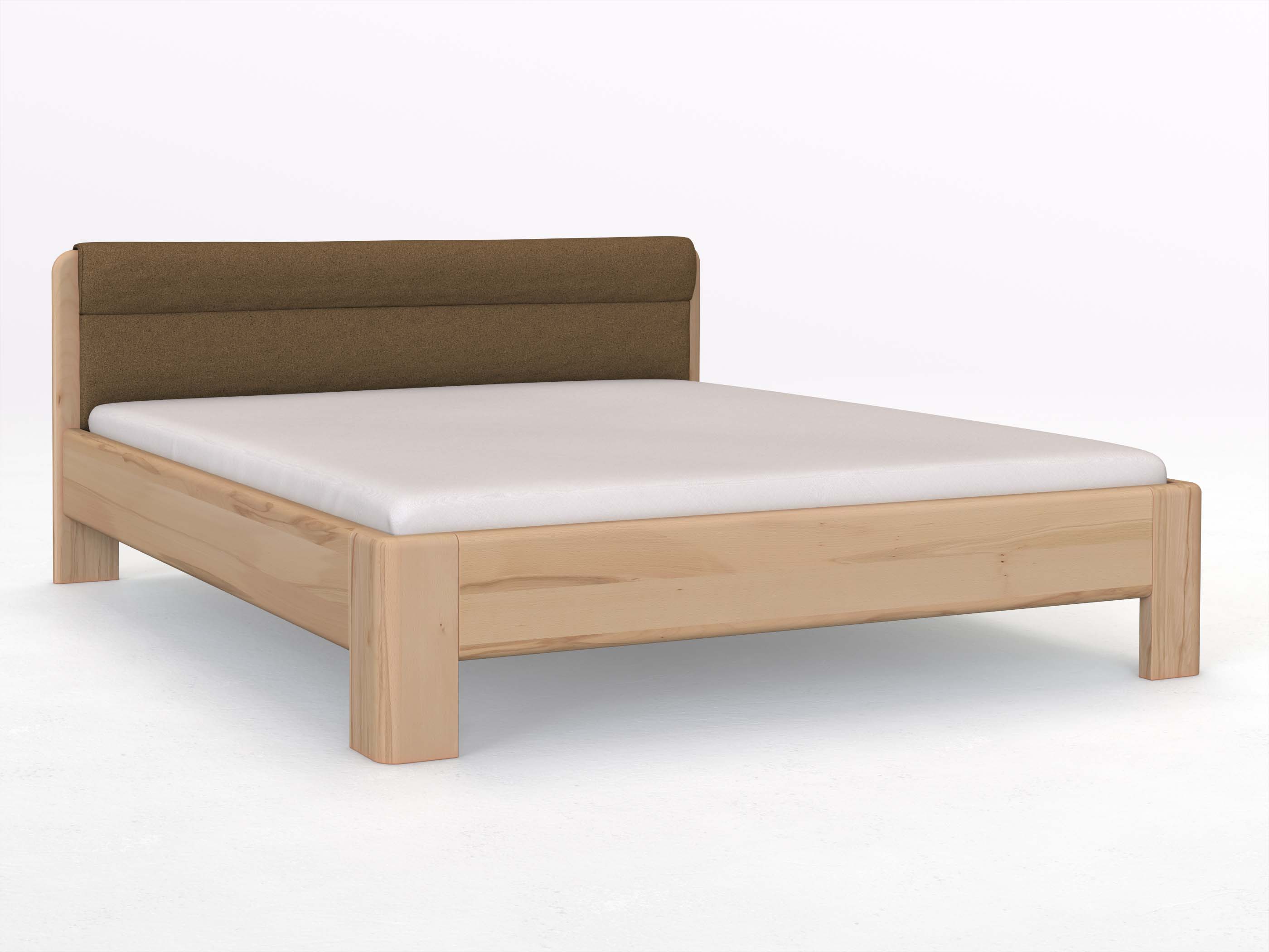 Buchenbett „Niklas“ in 180 x 200 cm, mit Stoffkopfteil - Stoff: Schafschurwolle „Loden“ in der Farbe Zimtrinde