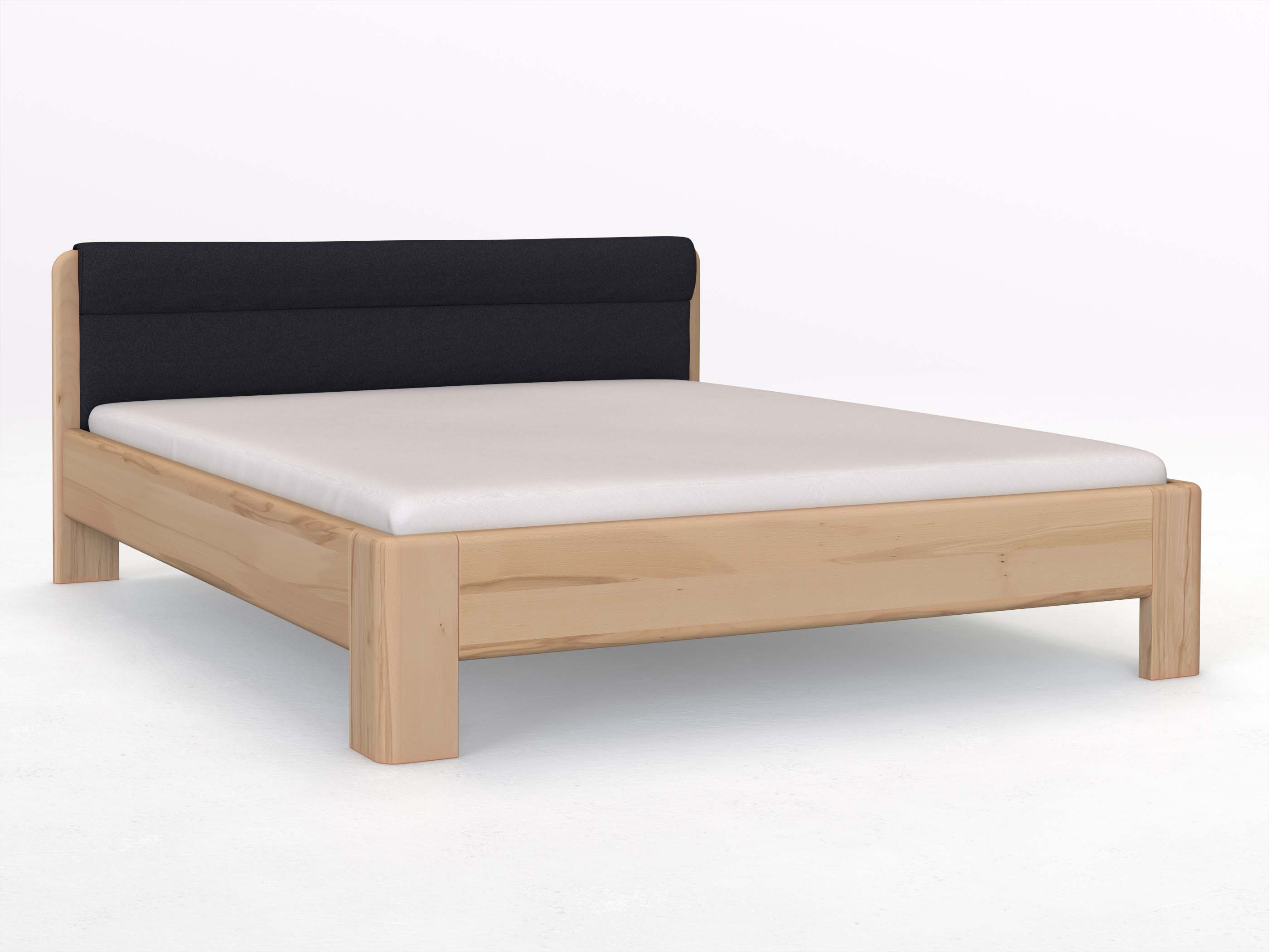 Buchenbett „Niklas“ in 180 x 200 cm, mit Stoffkopfteil - Stoff: Schafschurwolle „Loden“ in der Farbe Nachtblau