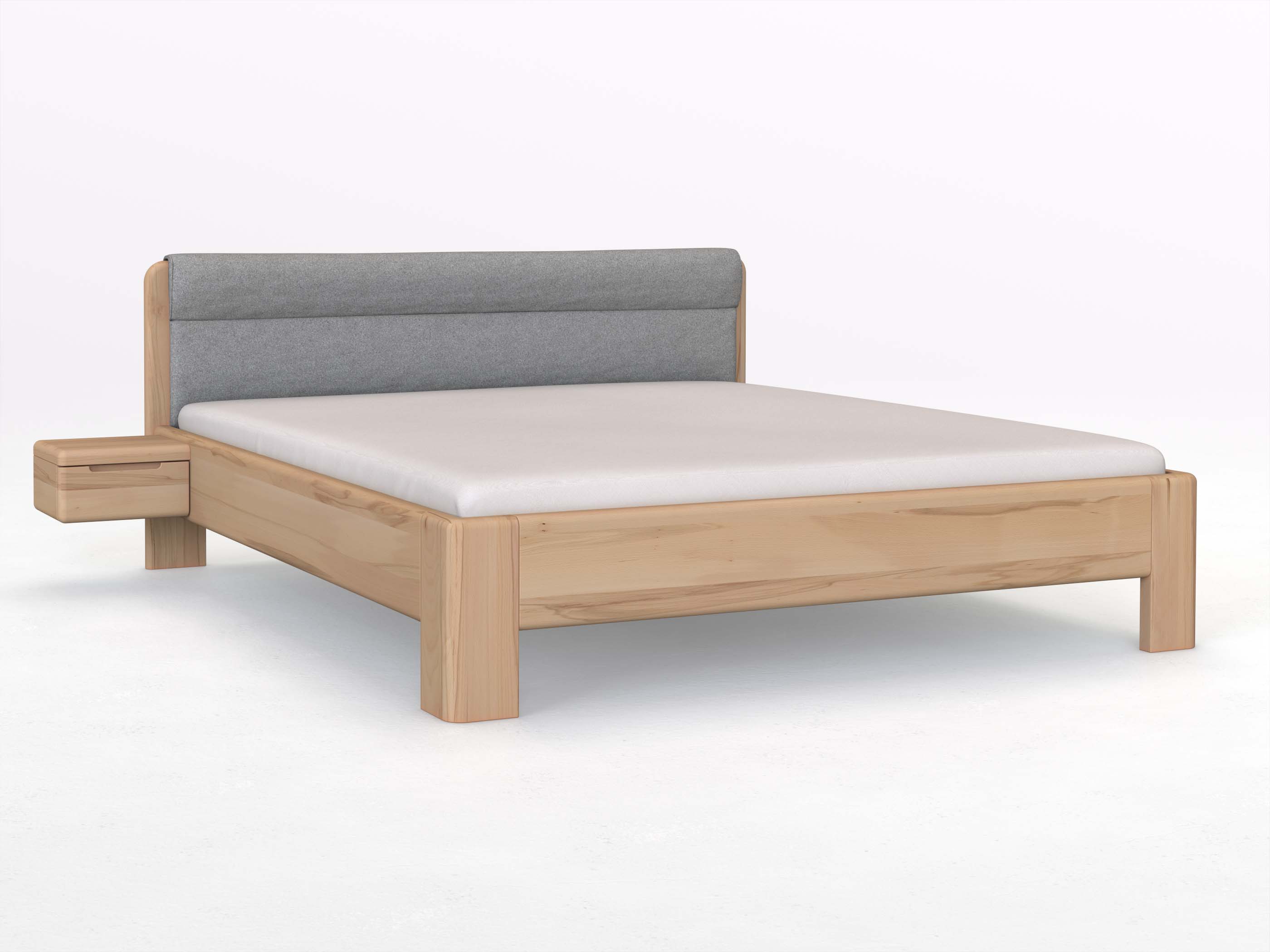 Buchenbett „Niklas“ in 180 x 200 cm mit 2 Nachttischen - Griff: Griffleiste B und mit Stoffkopfteil - Stoff: Schafschurwolle „Loden“ in der Farbe Nebelgrau