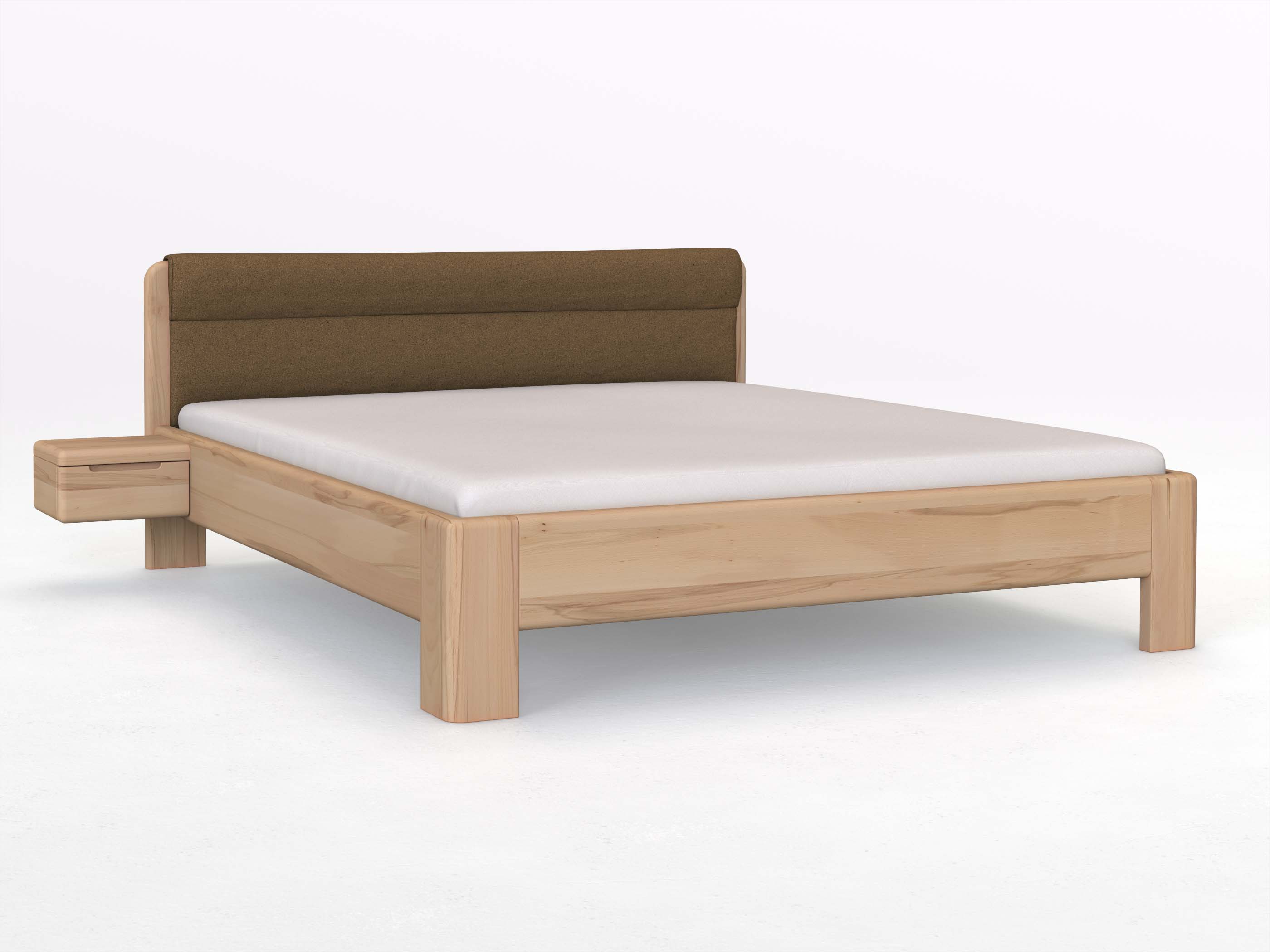 Buchenbett „Niklas“ in 180 x 200 cm mit 2 Nachttischen - Griff: Griffleiste B und mit Stoffkopfteil - Stoff: Schafschurwolle „Loden“ in der Farbe Zimtrinde