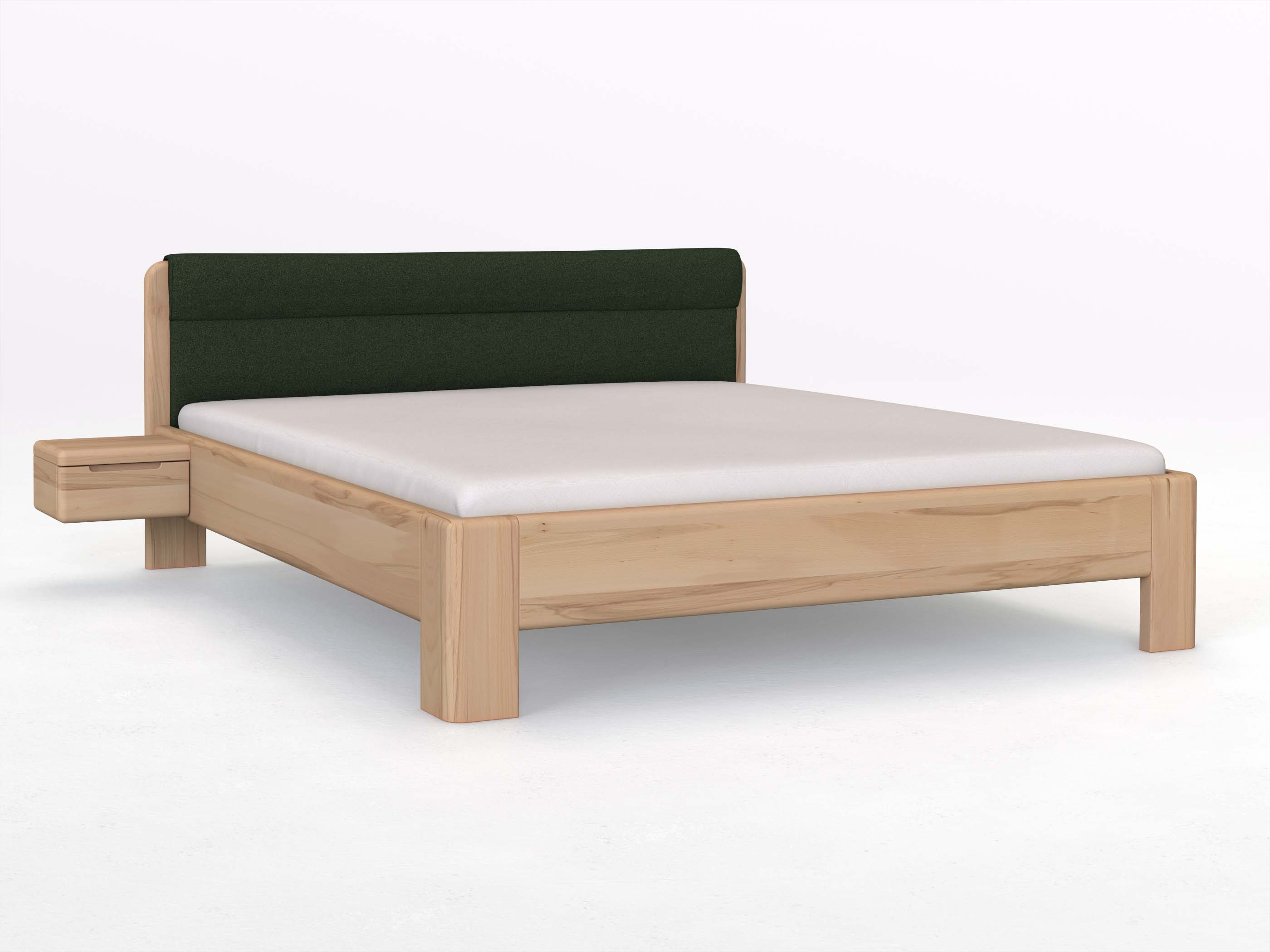 Buchenbett „Niklas“ in 180 x 200 cm mit 2 Nachttischen - Griff: Griffleiste B und mit Stoffkopfteil - Stoff: Schafschurwolle „Loden“ in der Farbe Tannenwald