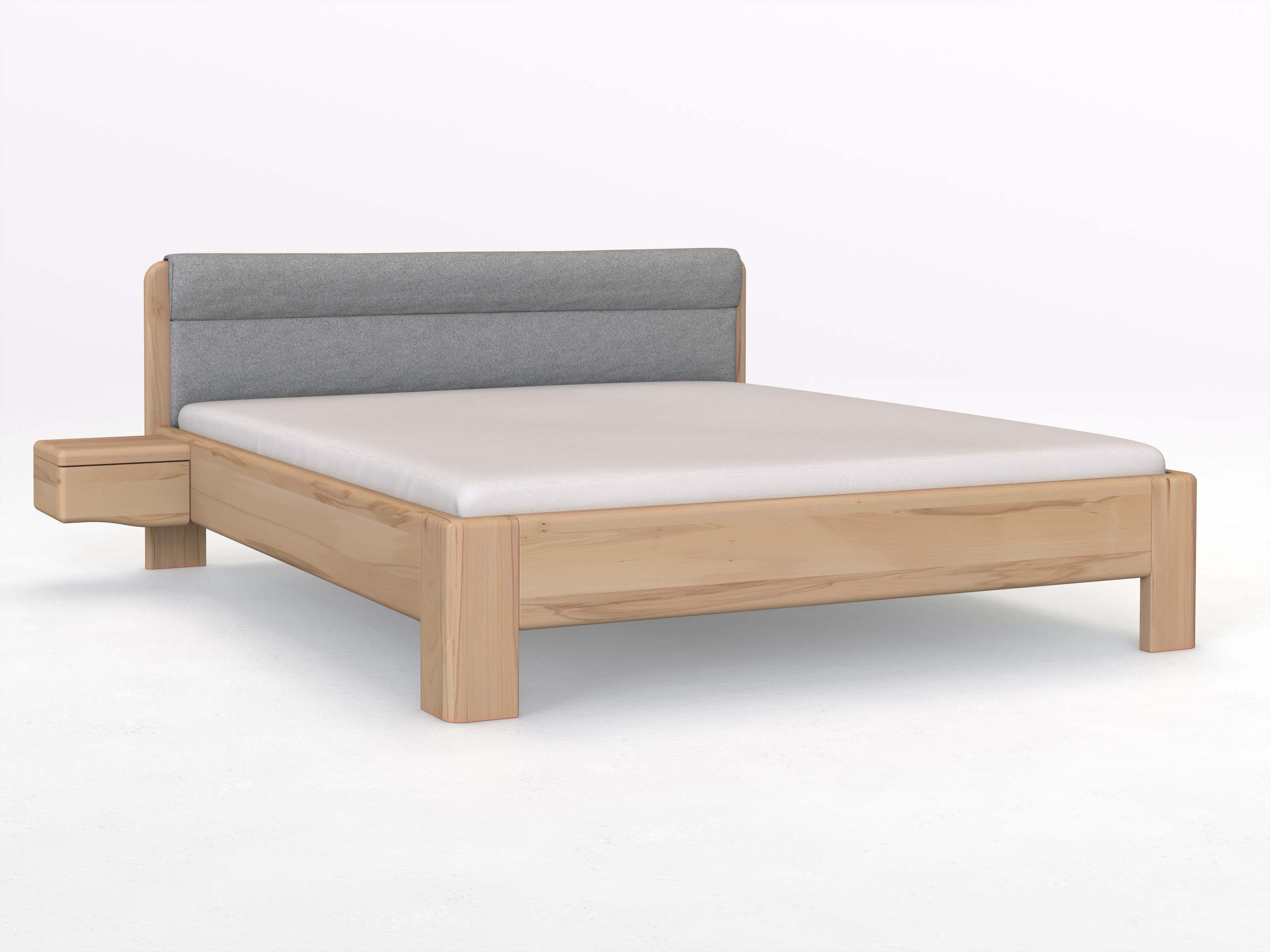 Buchenbett „Niklas“ in 180 x 200 cm mit 2 Nachttischen - Griff: Welle und mit Stoffkopfteil - Stoff: Schafschurwolle „Loden“ in der Farbe Nebelgrau