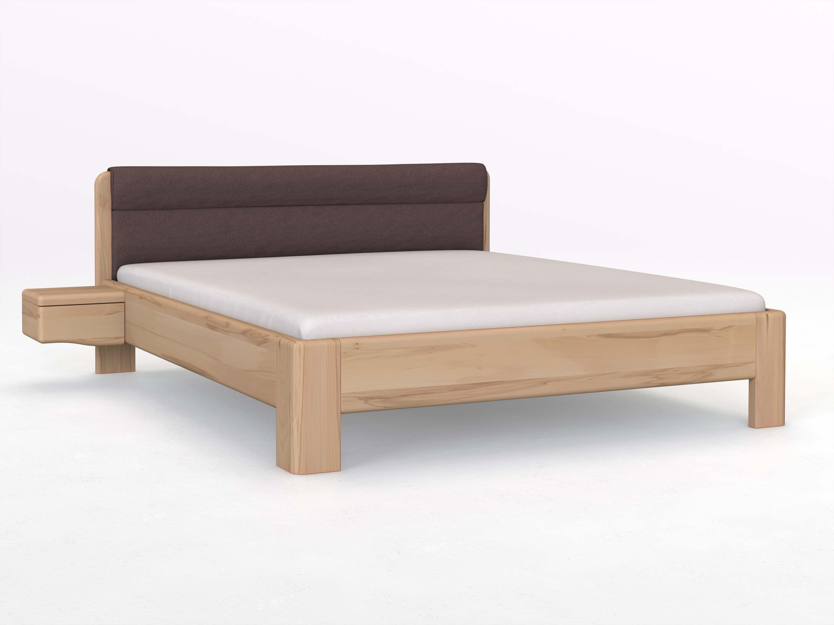 Buchenbett „Niklas“ in 180 x 200 cm mit 2 Nachttischen - Griff: Welle und mit Stoffkopfteil - Stoff: Schafschurwolle „Loden“ in der Farbe Abenddämmerung