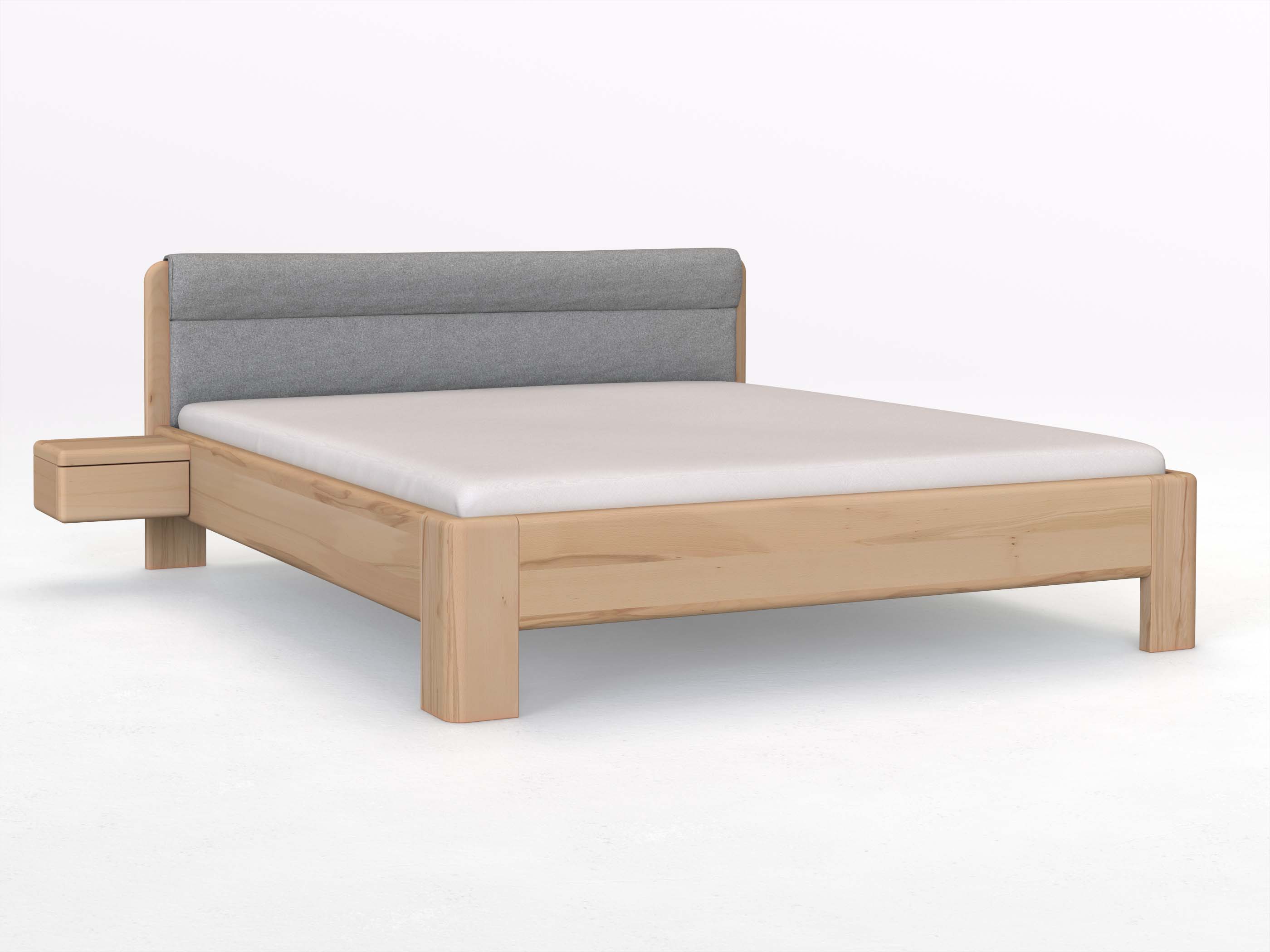 Buchenbett „Niklas“ in 180 x 200 cm mit 2 Nachttischen - Griff: Grifflos und mit Stoffkopfteil - Stoff: Schafschurwolle „Loden“ in der Farbe Nebelgrau