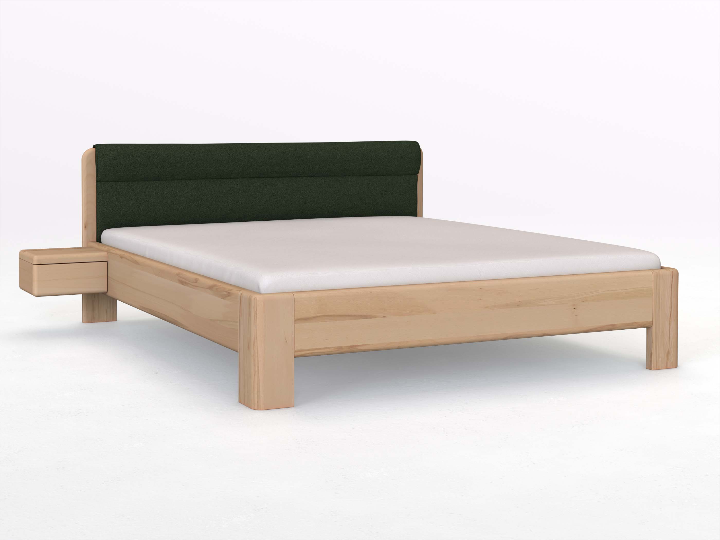 Buchenbett „Niklas“ in 180 x 200 cm mit 2 Nachttischen - Griff: Grifflos und mit Stoffkopfteil - Stoff: Schafschurwolle „Loden“ in der Farbe Tannenwald