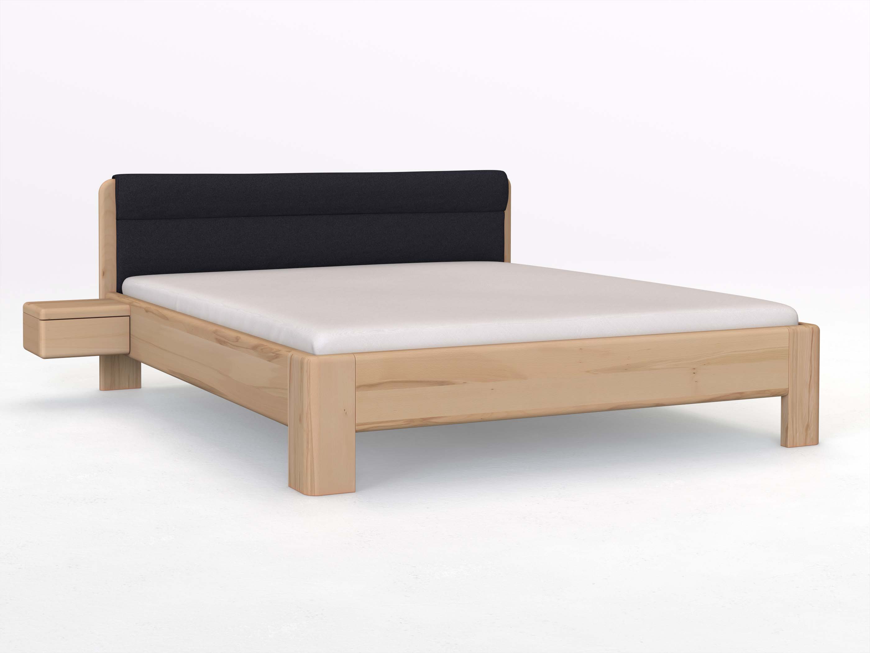 Buchenbett „Niklas“ in 180 x 200 cm mit 2 Nachttischen - Griff: Grifflos und mit Stoffkopfteil - Stoff: Schafschurwolle „Loden“ in der Farbe Nachtblau