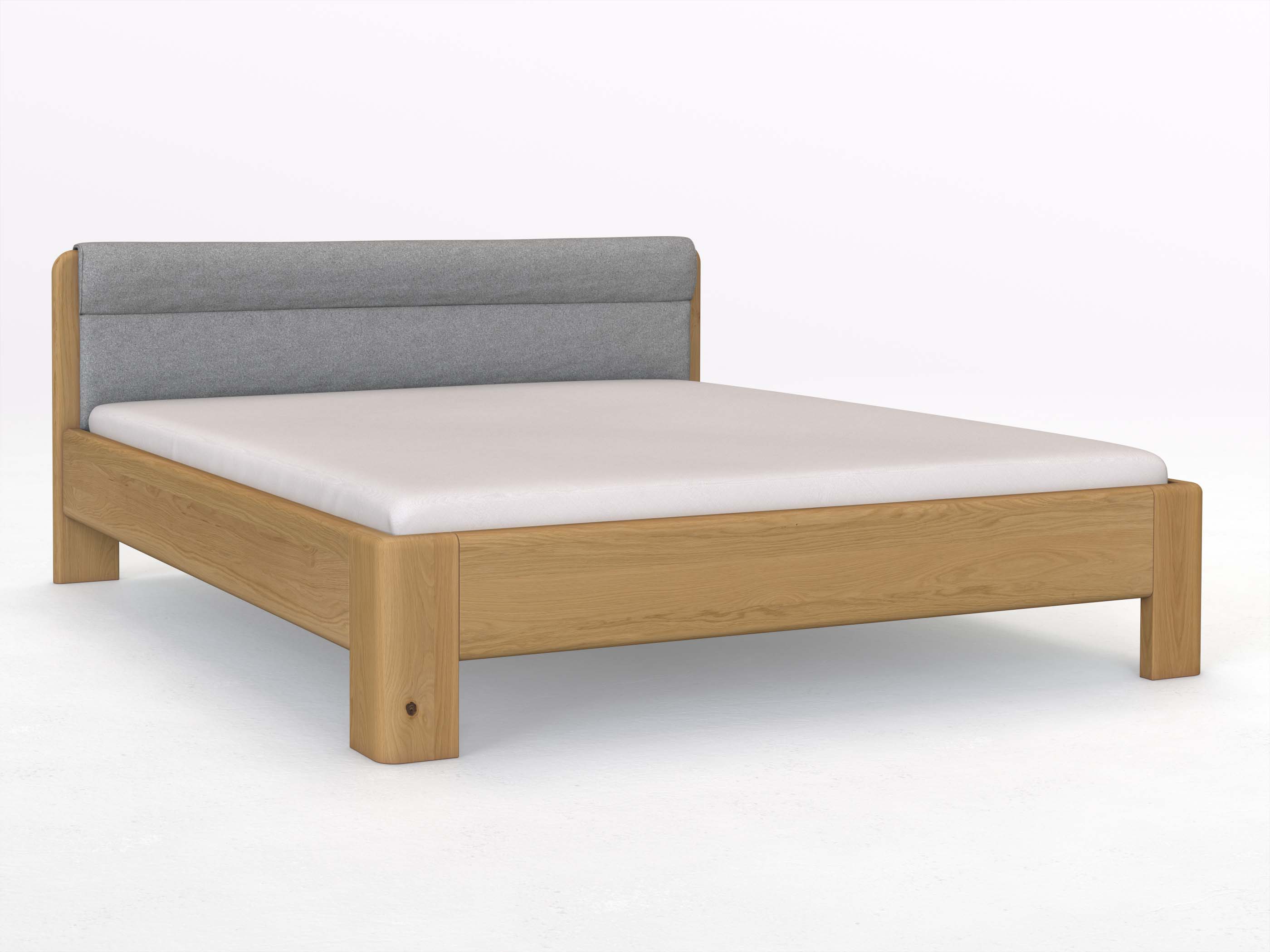 Eichenbett Hell „Niklas“ in 180 x 200 cm mit Stoffkopfteil - Stoff: Schafschurwolle „Loden“ in der Farbe Nebelgrau