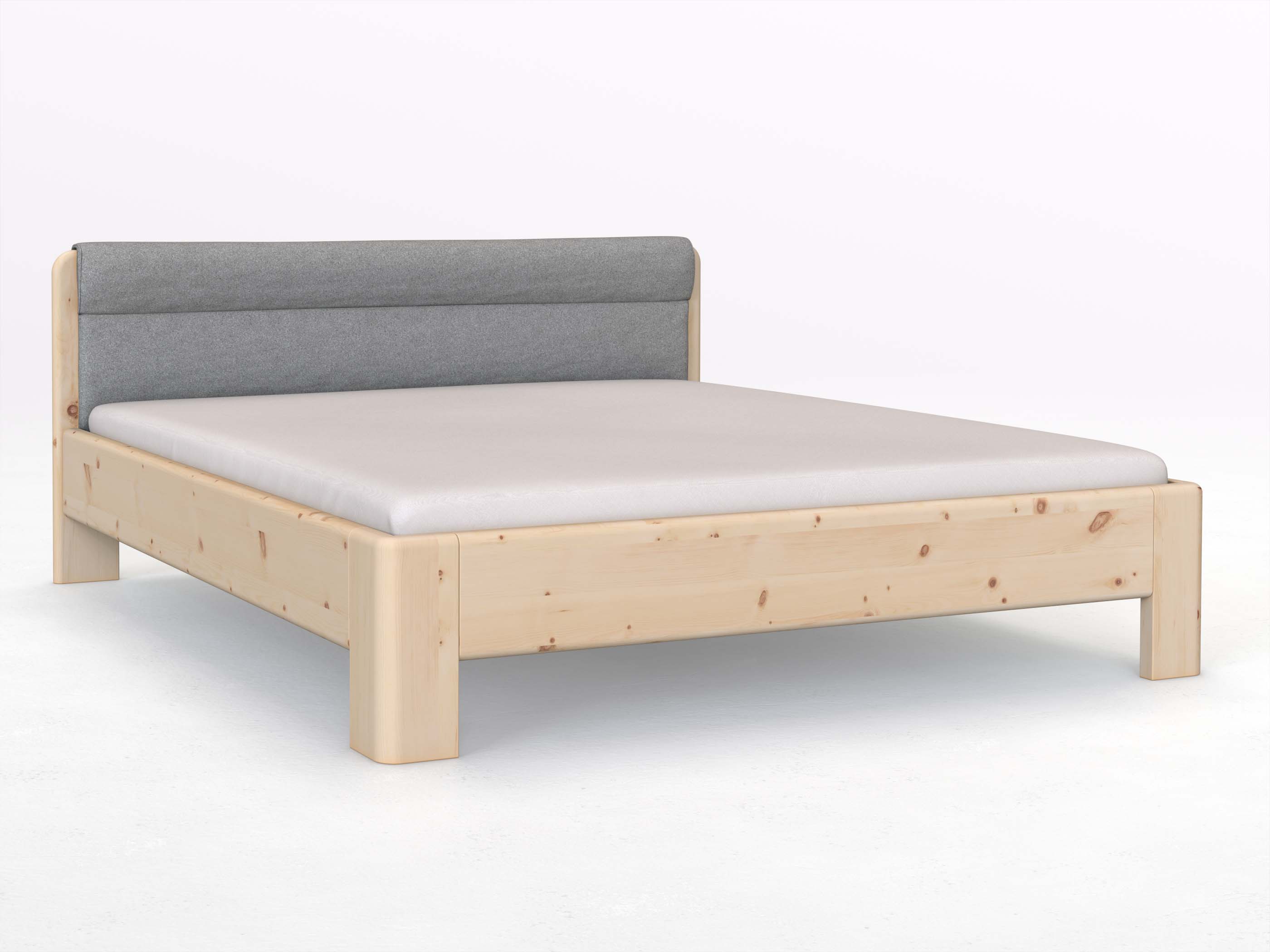 Zirbenbett „Niklas“ in 180 x 200 cm mit Stoffkopfteil - Stoff: Schafschurwolle „Loden“ in der Farbe Nebelgrau
