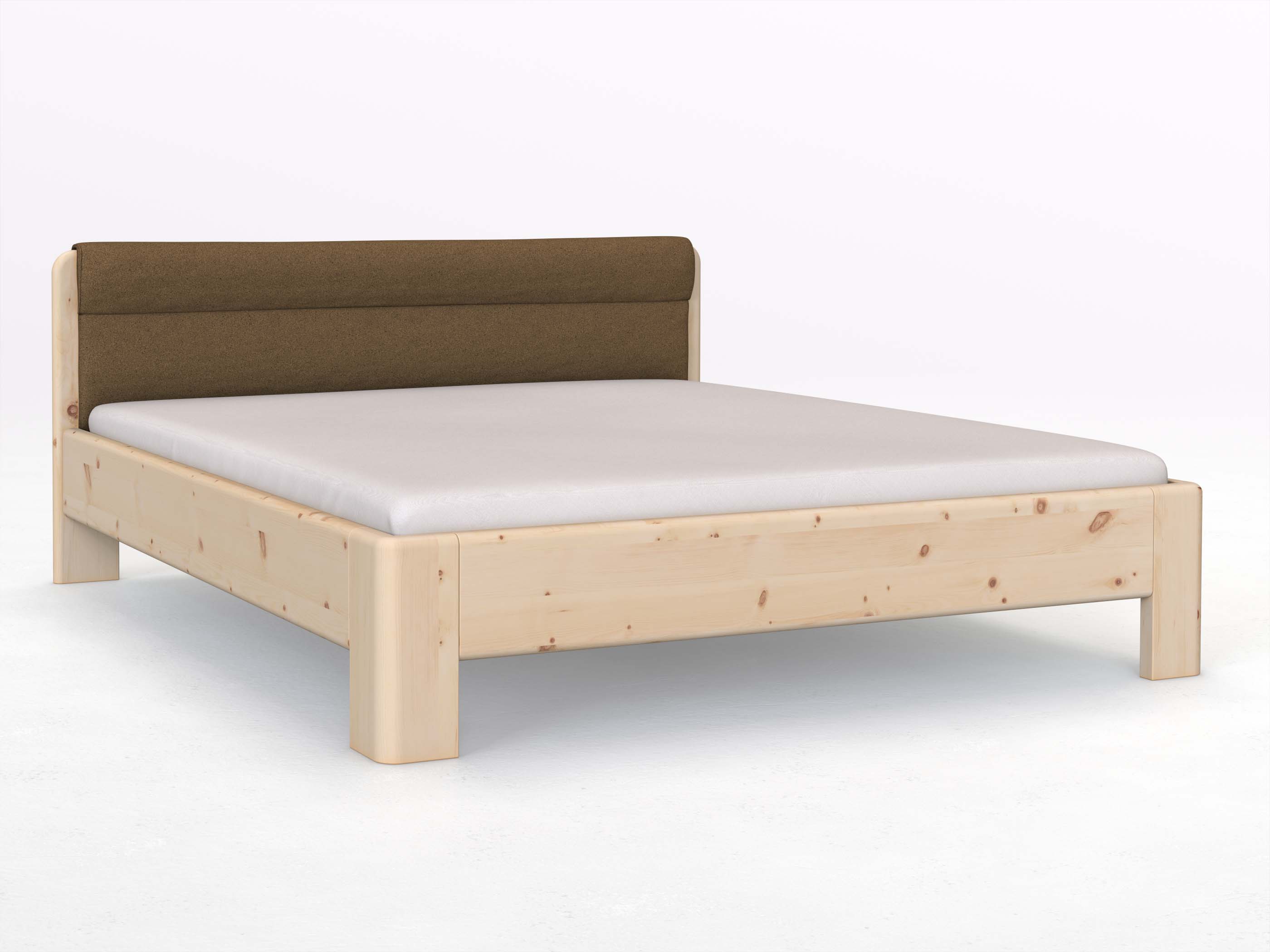 Zirbenbett „Niklas“ in 180 x 200 cm mit Stoffkopfteil - Stoff: Schafschurwolle „Loden“ in der Farbe Zimtrinde