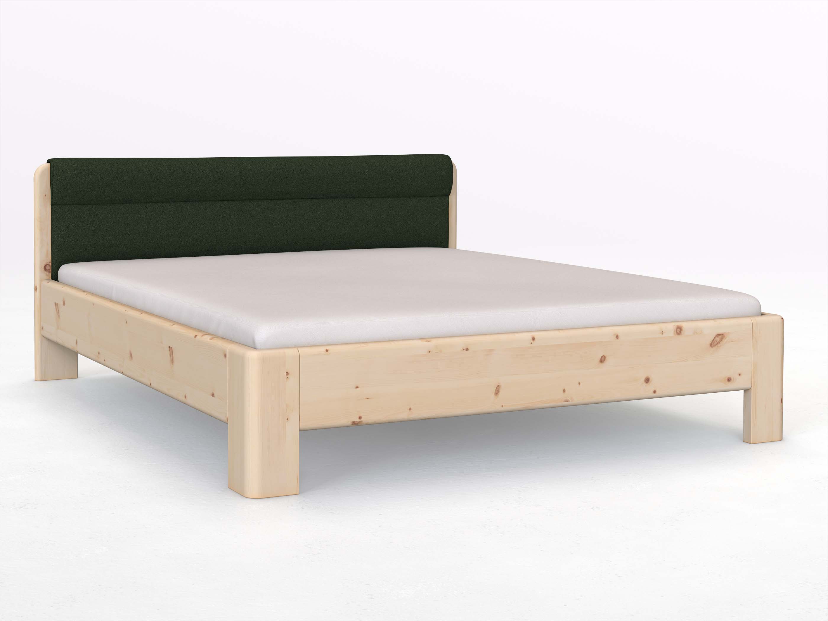 Zirbenbett „Niklas“ in 180 x 200 cm mit Stoffkopfteil - Stoff: Schafschurwolle „Loden“ in der Farbe Tannenwald