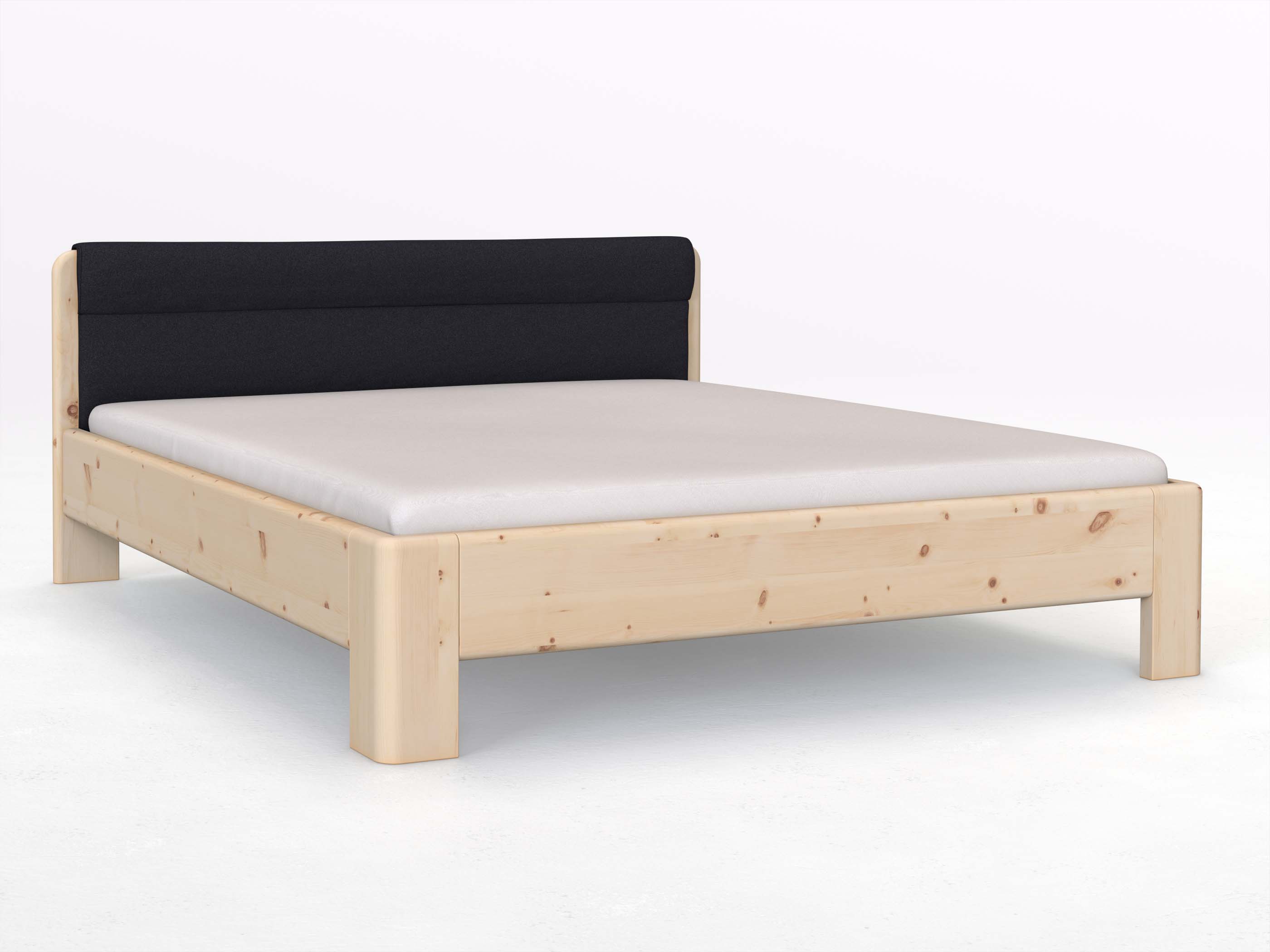 Zirbenbett „Niklas“ in 180 x 200 cm mit Stoffkopfteil - Stoff: Schafschurwolle „Loden“ in der Farbe Nachtblau