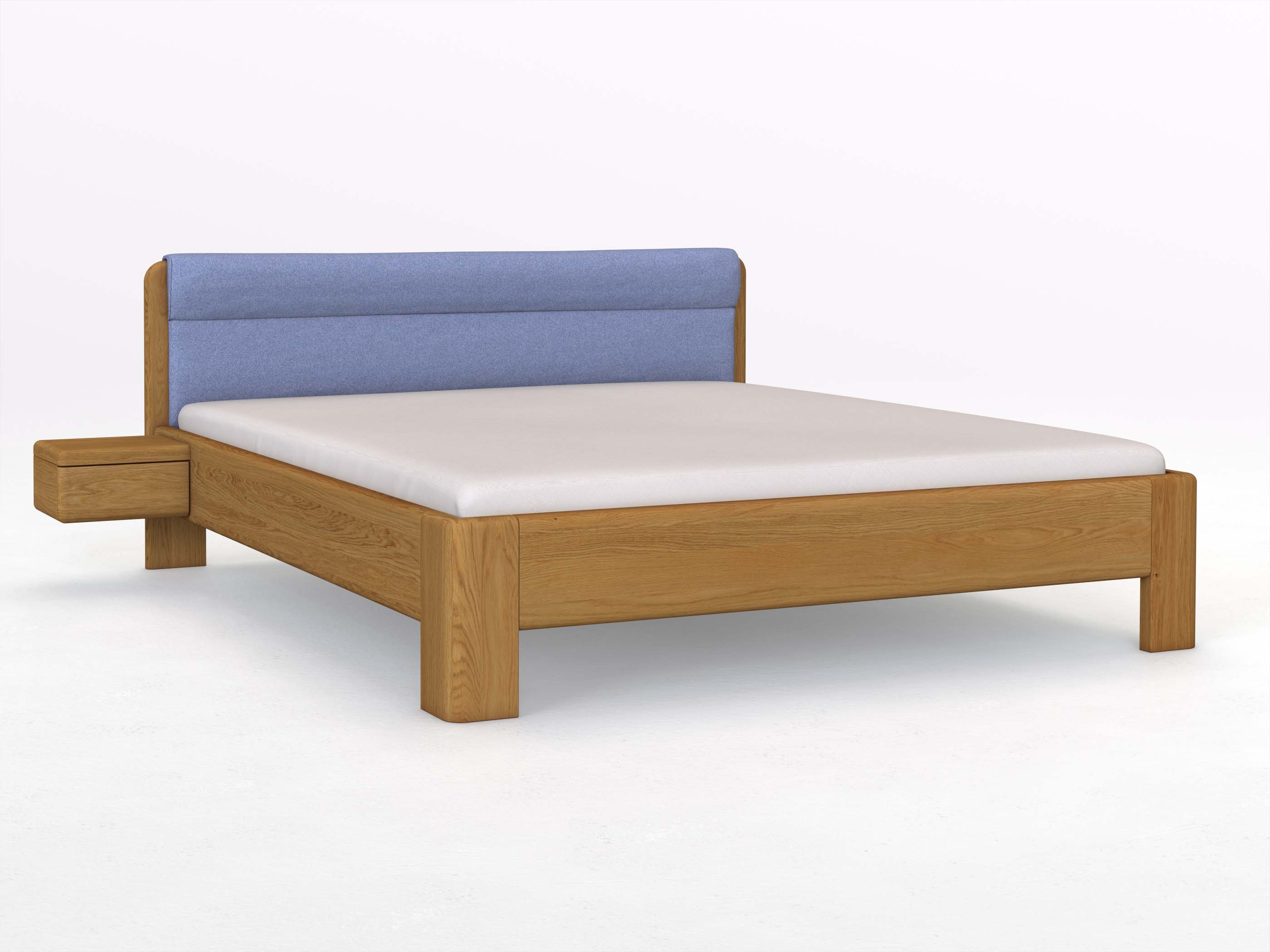 Eichenbett „Niklas“ in 180 x 200 cm mit 2 Nachttischen - Griff: Grifflos und mit Stoffkopfteil - Stoff: Schafschurwolle „Fischgrät“ in der Farbe Kornblume