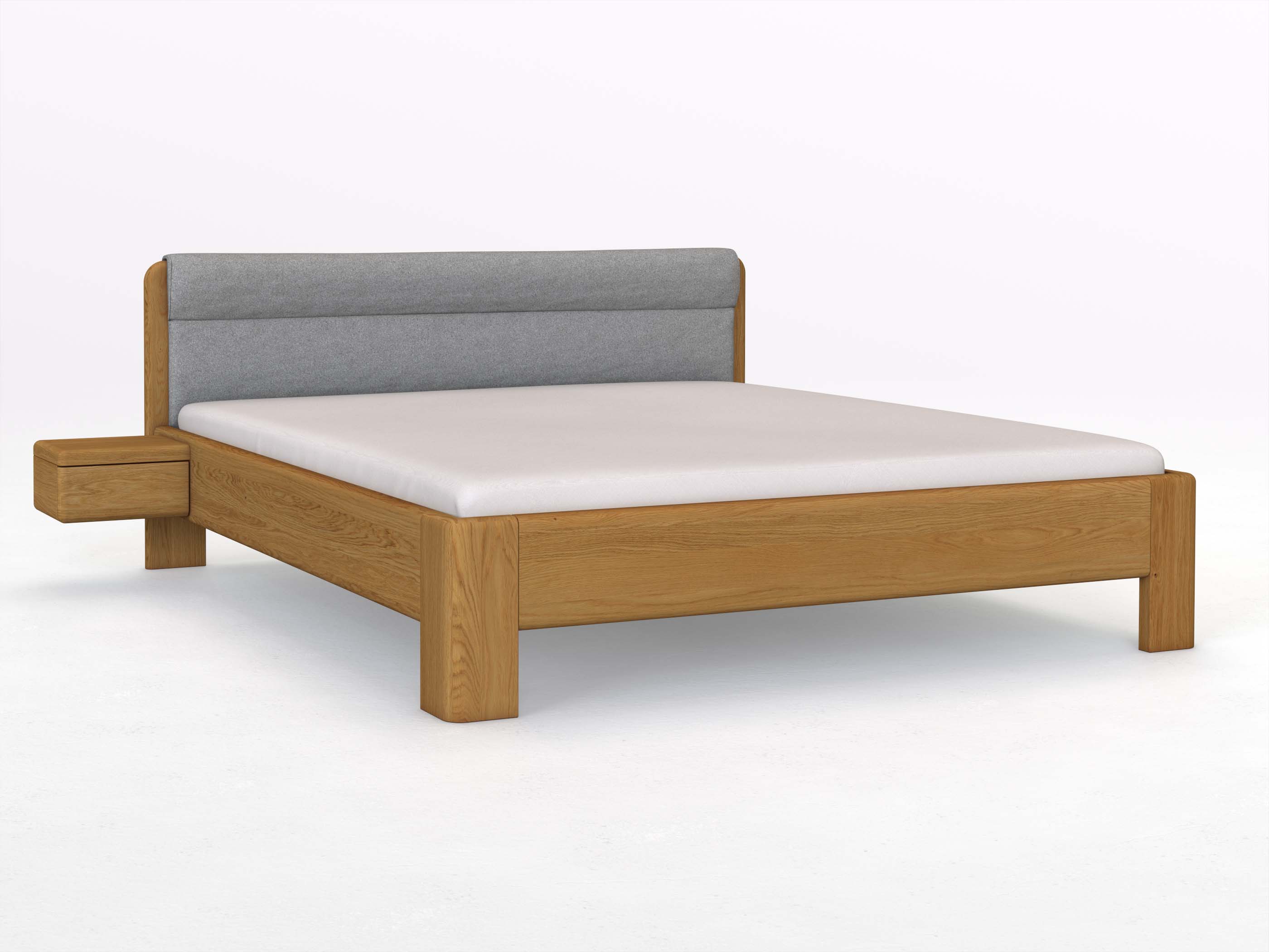 Eichenbett „Niklas“ in 180 x 200 cm mit 2 Nachttischen - Griff: Grifflos und mit Stoffkopfteil - Stoff: Schafschurwolle „Loden“ in der Farbe Nebelgrau