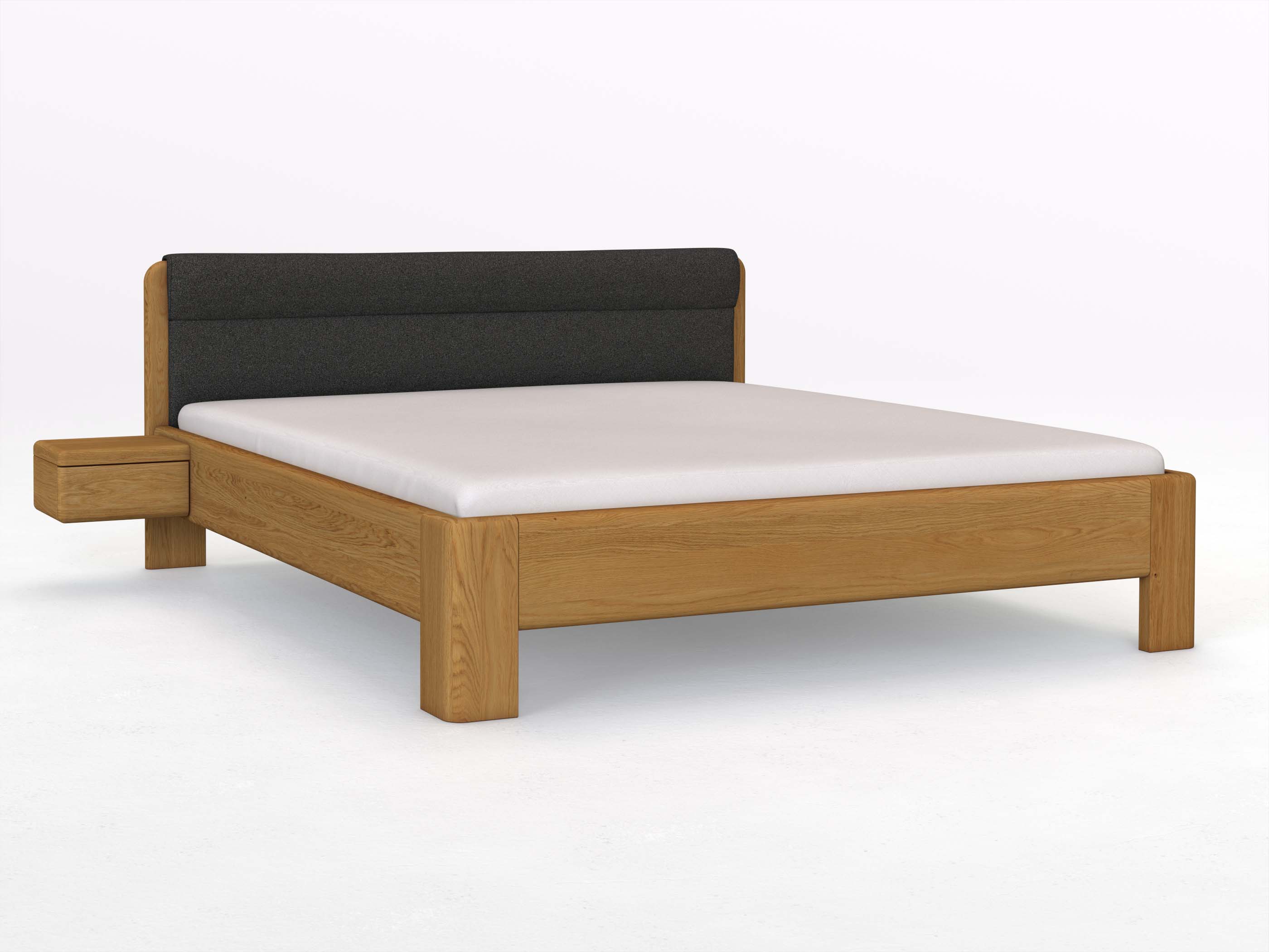 Eichenbett „Niklas“ in 180 x 200 cm mit 2 Nachttischen - Griff: Grifflos und mit Stoffkopfteil - Stoff: Schafschurwolle „Loden“ in der Farbe Anthrazit