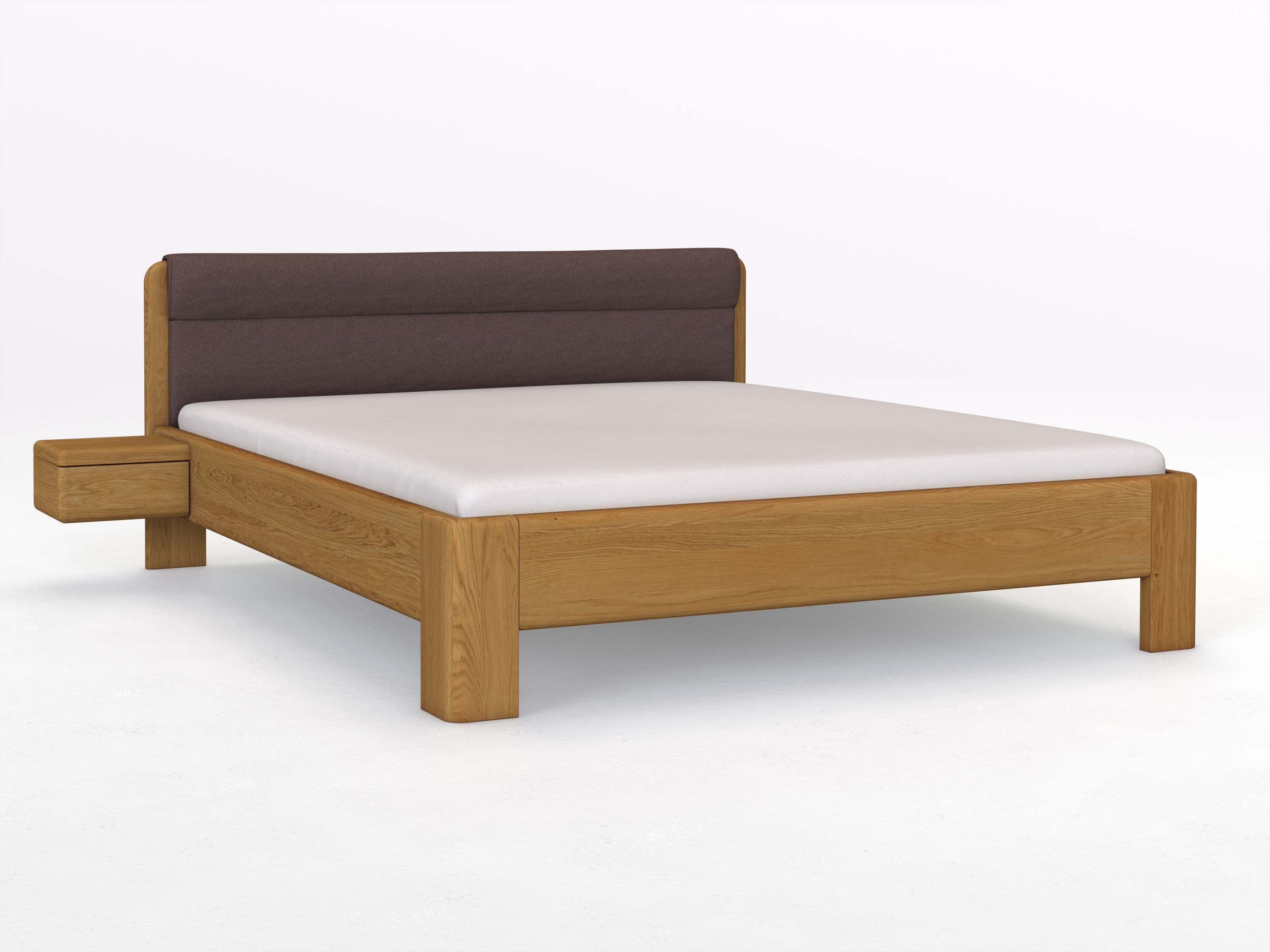 Eichenbett „Niklas“ in 180 x 200 cm mit 2 Nachttischen - Griff: Grifflos und mit Stoffkopfteil - Stoff: Schafschurwolle „Loden“ in der Farbe Abenddämmerung