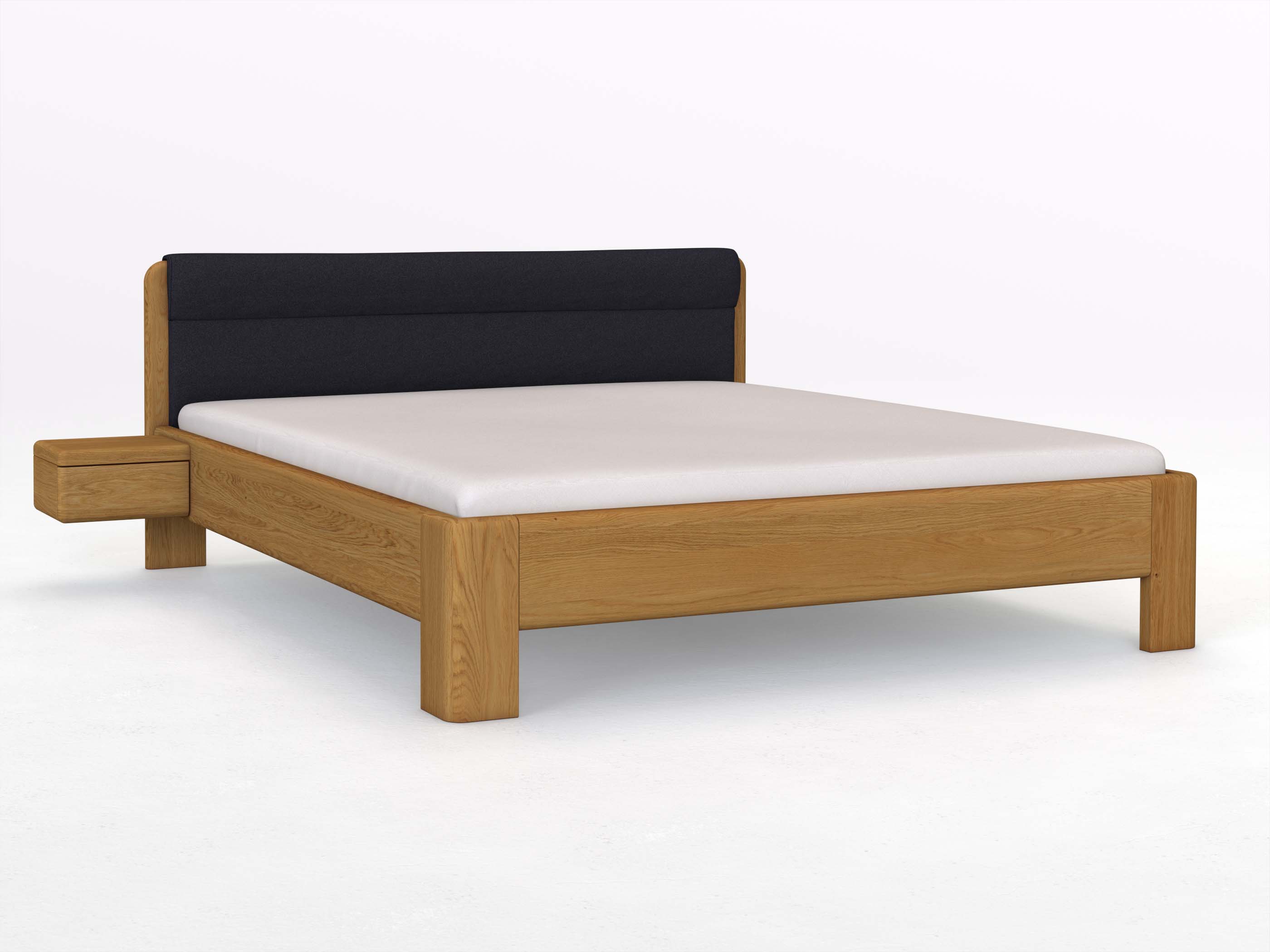 Eichenbett „Niklas“ in 180 x 200 cm mit 2 Nachttischen - Griff: Grifflos und mit Stoffkopfteil - Stoff: Schafschurwolle „Loden“ in der Farbe Nachtblau