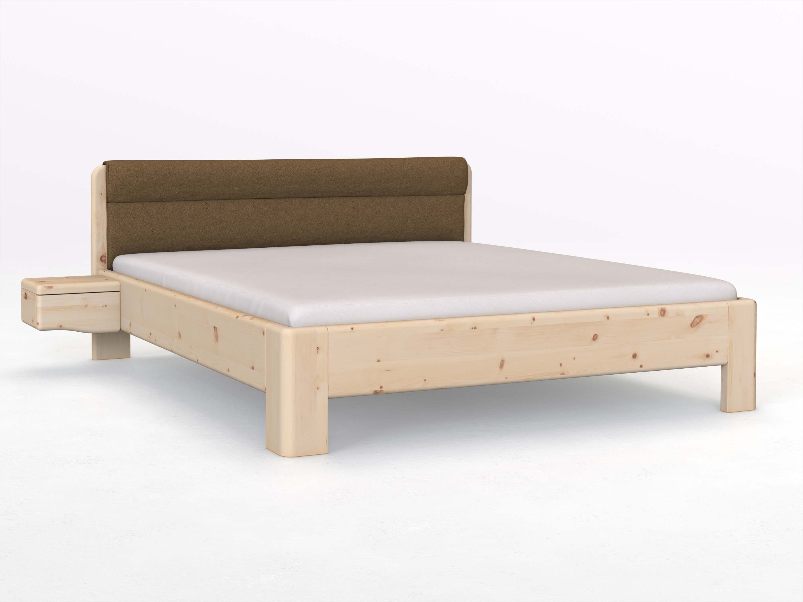 Zirbenbett „Niklas“ in 180 x 200 cm mit 2 Nachttischen - Griff: Welle und mit Stoffkopfteil - Stoff: Schafschurwolle „Loden“ in der Farbe Zimtrinde