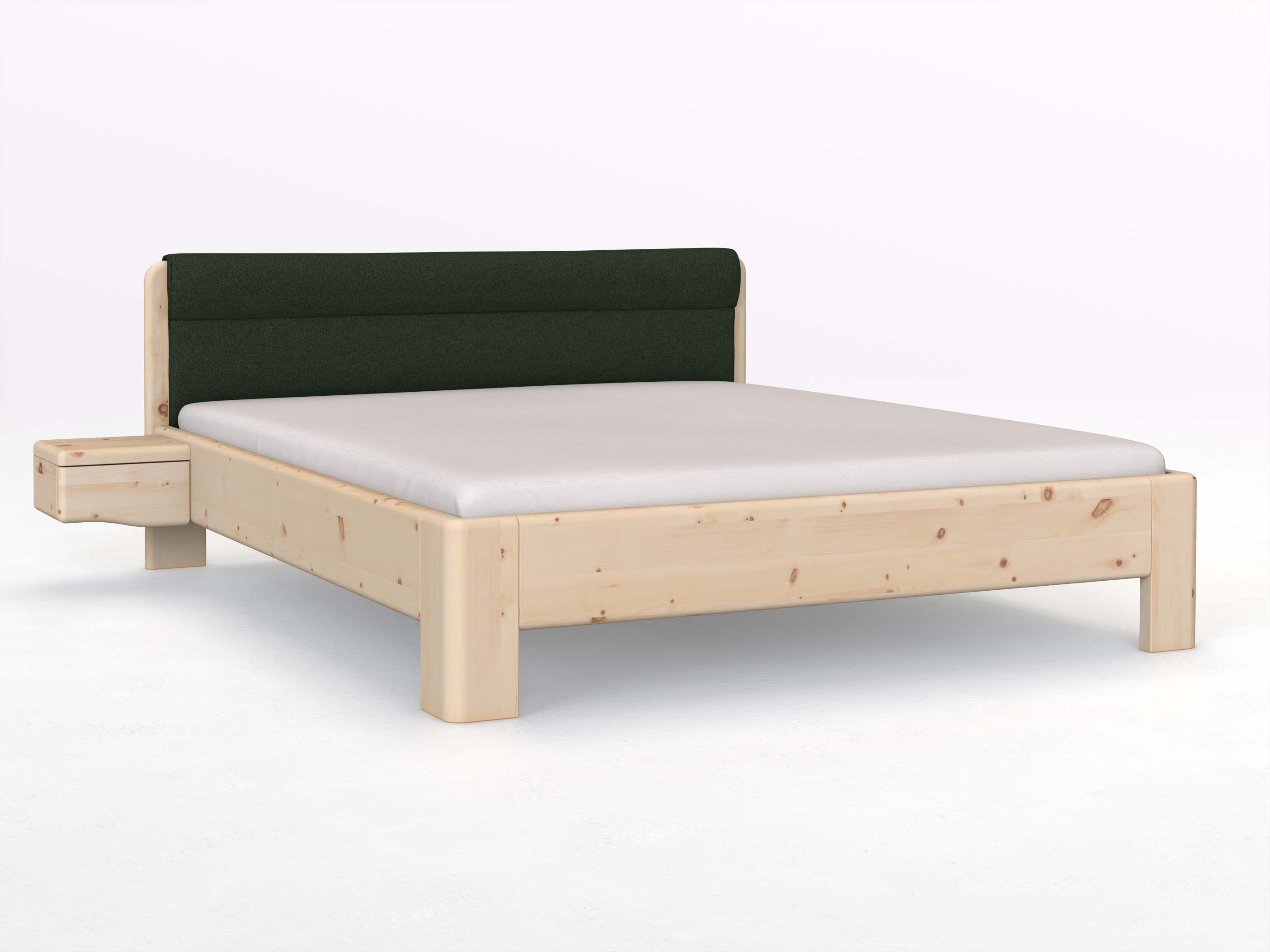 Zirbenbett „Niklas“ in 180 x 200 cm mit 2 Nachttischen - Griff: Welle und mit Stoffkopfteil - Stoff: Schafschurwolle „Loden“ in der Farbe Tannenwald