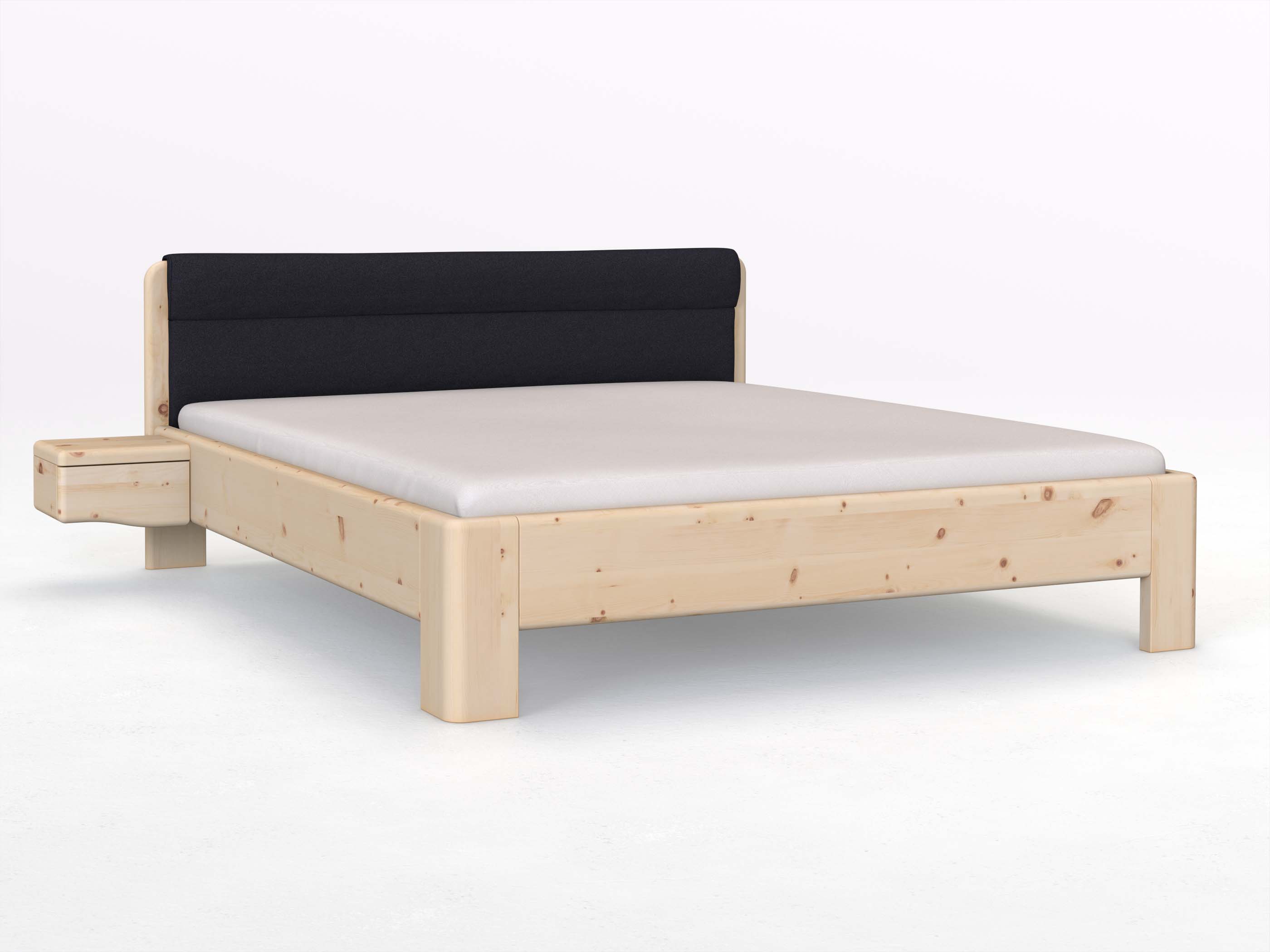 Zirbenbett „Niklas“ in 180 x 200 cm mit 2 Nachttischen - Griff: Welle und mit Stoffkopfteil - Stoff: Schafschurwolle „Loden“ in der Farbe Nachtblau