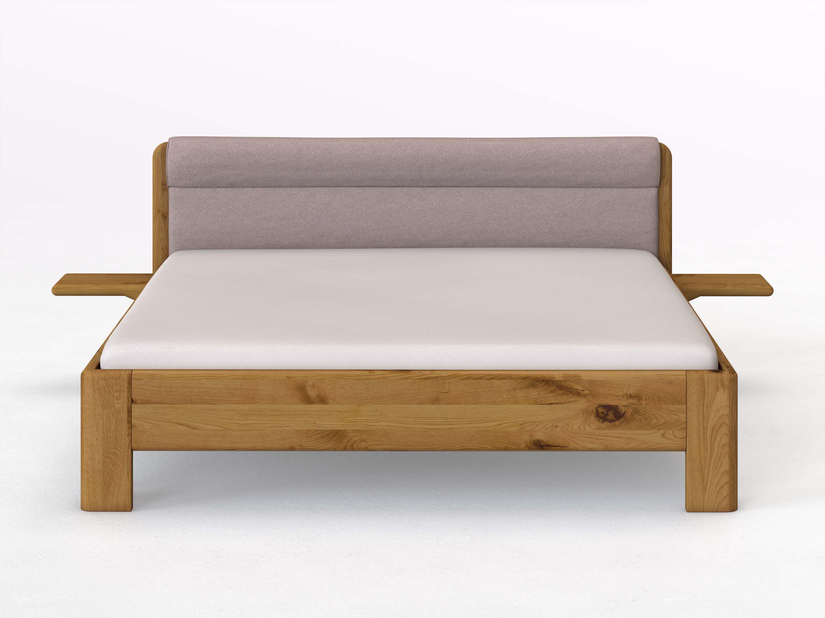 Wildeichenbett „Niklas“ in 180 x 200 cm mit 2 Ablagen und Stoffkopfteil - Stoff: Schafschurwolle „Fischgrät“ in der Farbe Zartflieder