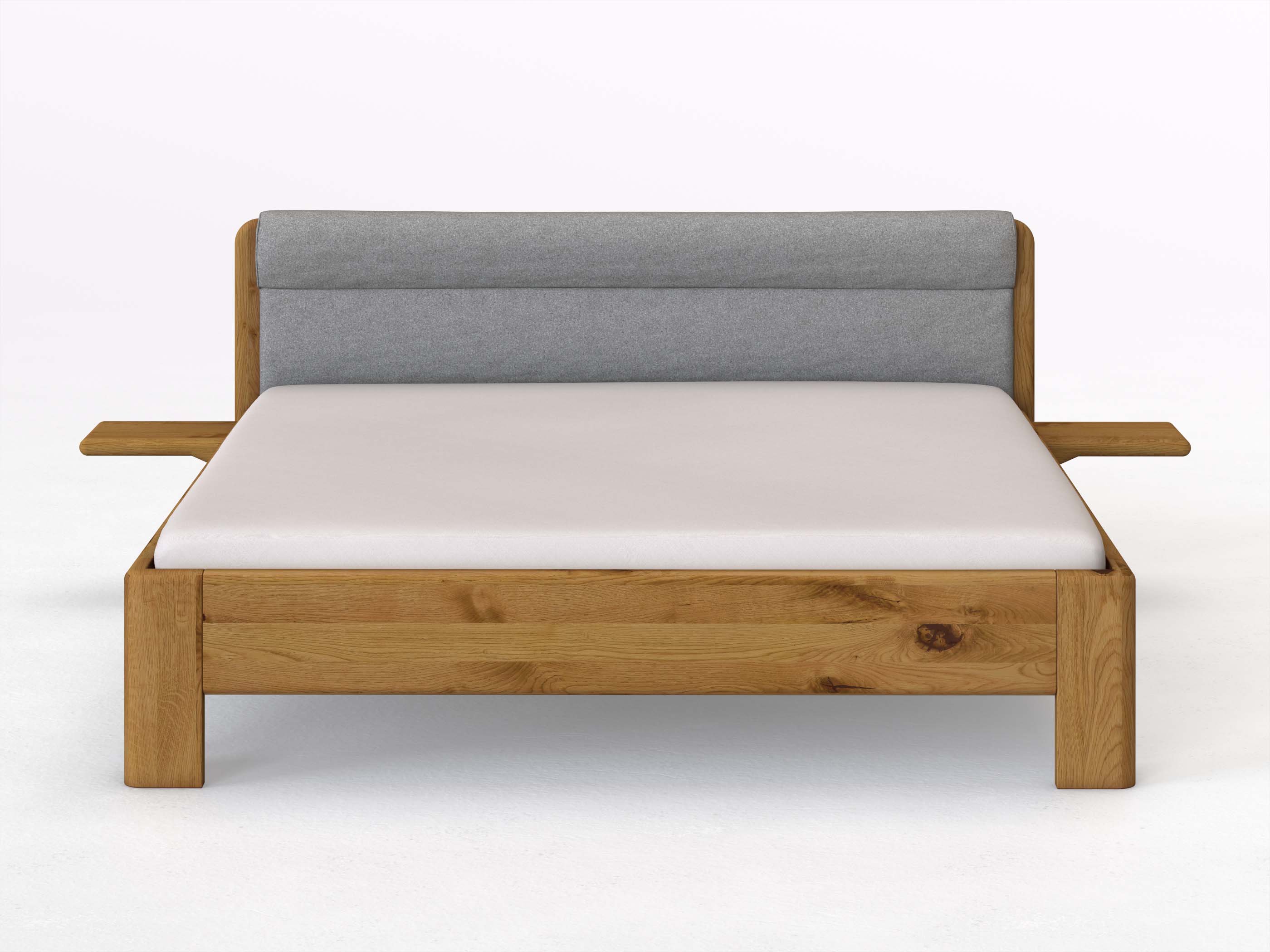 Wildeichenbett „Niklas“ in 180 x 200 cm mit 2 Ablagen und Stoffkopfteil - Stoff: Schafschurwolle „Loden“ in der Farbe Nebelgrau