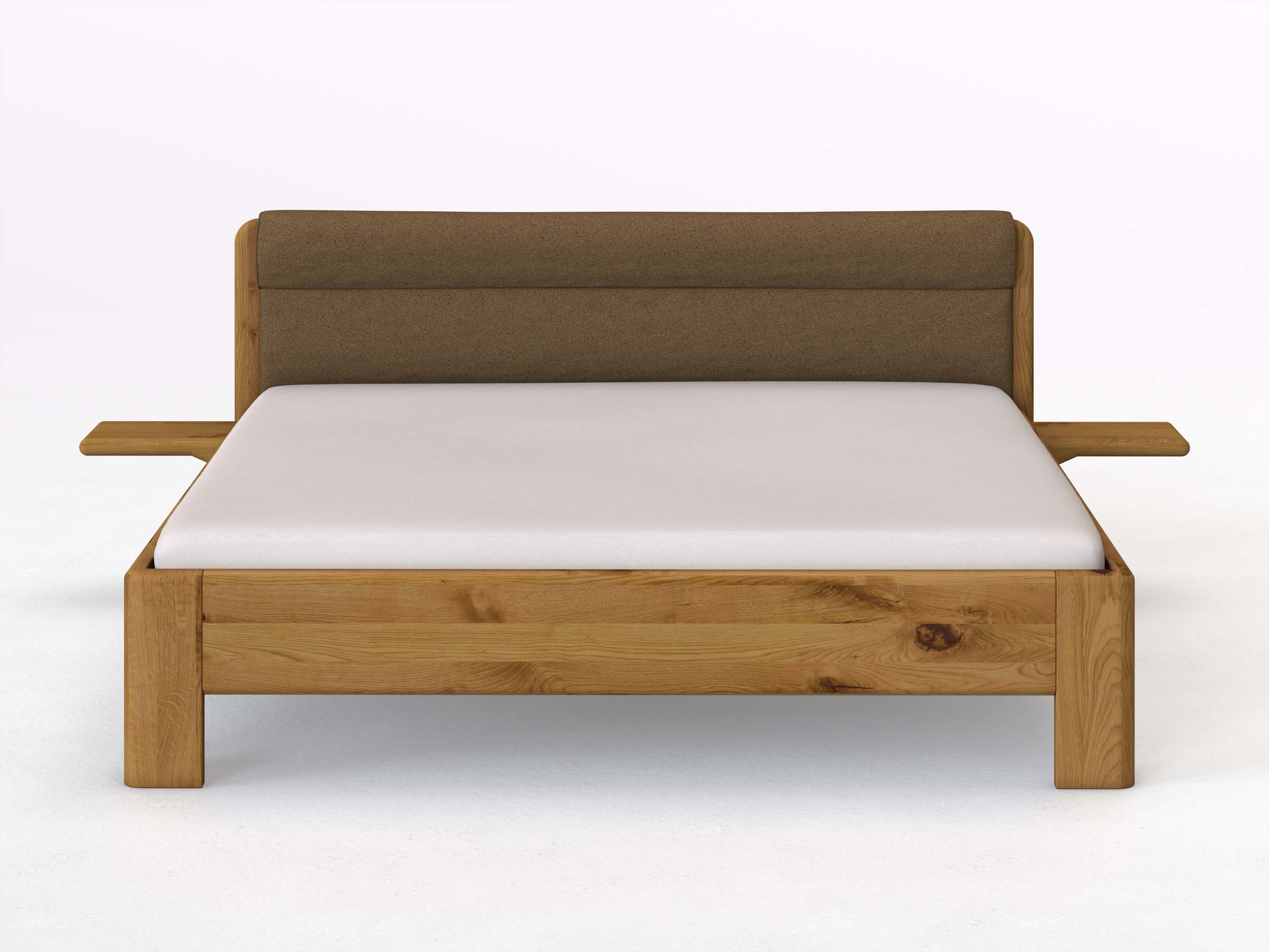 Wildeichenbett „Niklas“ in 180 x 200 cm mit 2 Ablagen und Stoffkopfteil - Stoff: Schafschurwolle „Loden“ in der Farbe Zimtrinde