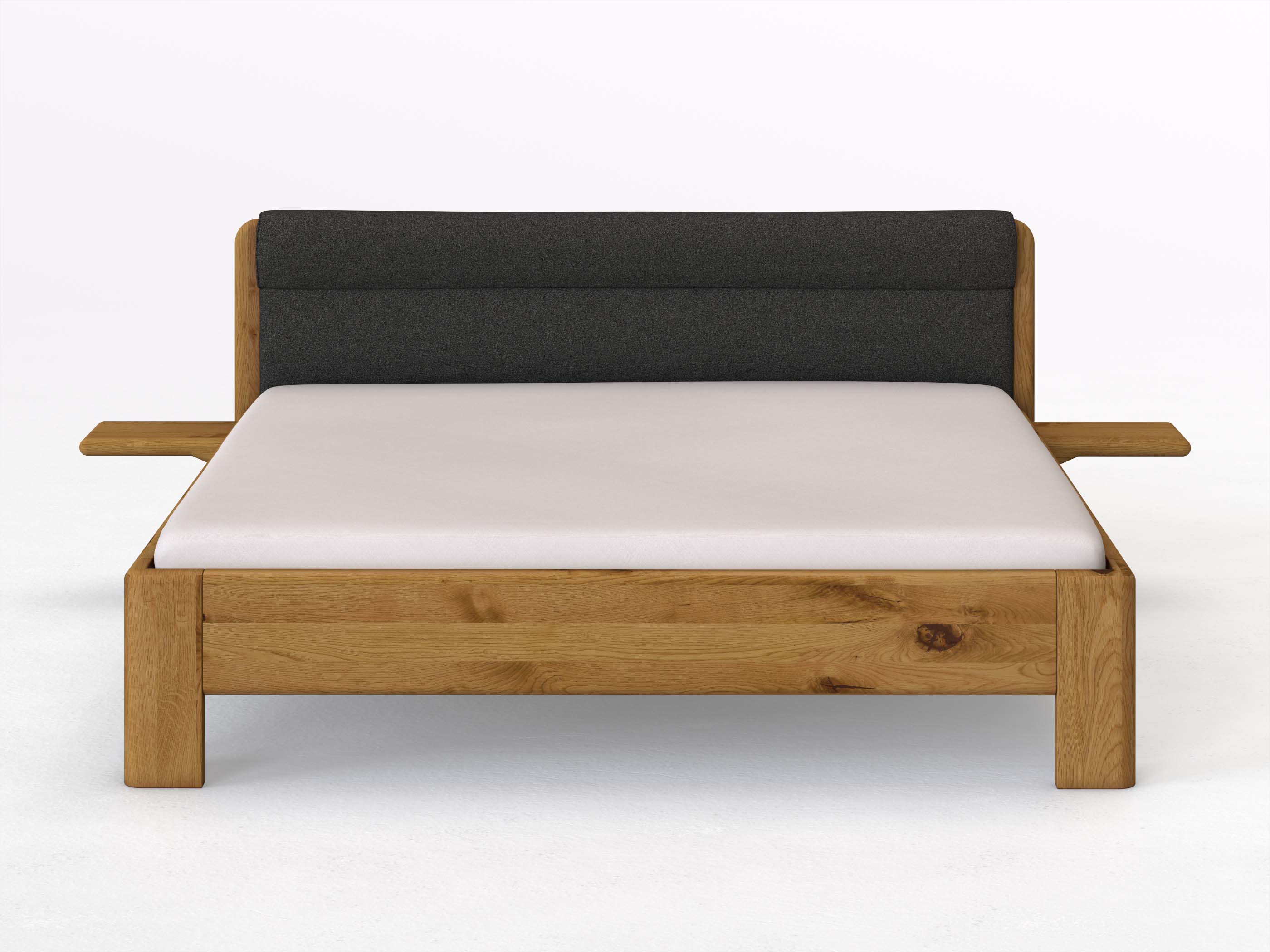 Wildeichenbett „Niklas“ in 180 x 200 cm mit 2 Ablagen und Stoffkopfteil - Stoff: Schafschurwolle „Loden“ in der Farbe Anthrazit