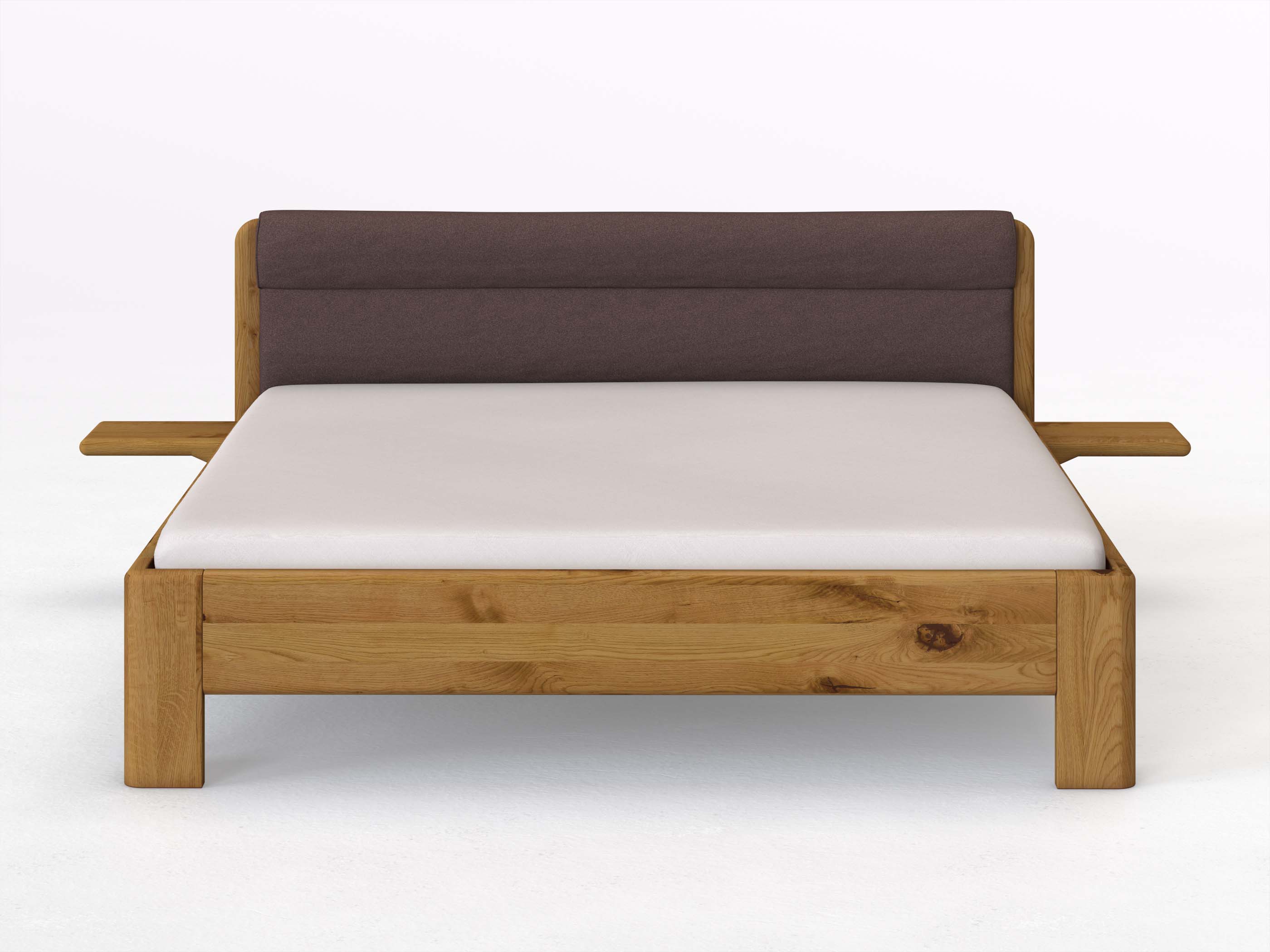 Wildeichenbett „Niklas“ in 180 x 200 cm mit 2 Ablagen und Stoffkopfteil - Stoff: Schafschurwolle „Loden“ in der Farbe Abenddämmerung