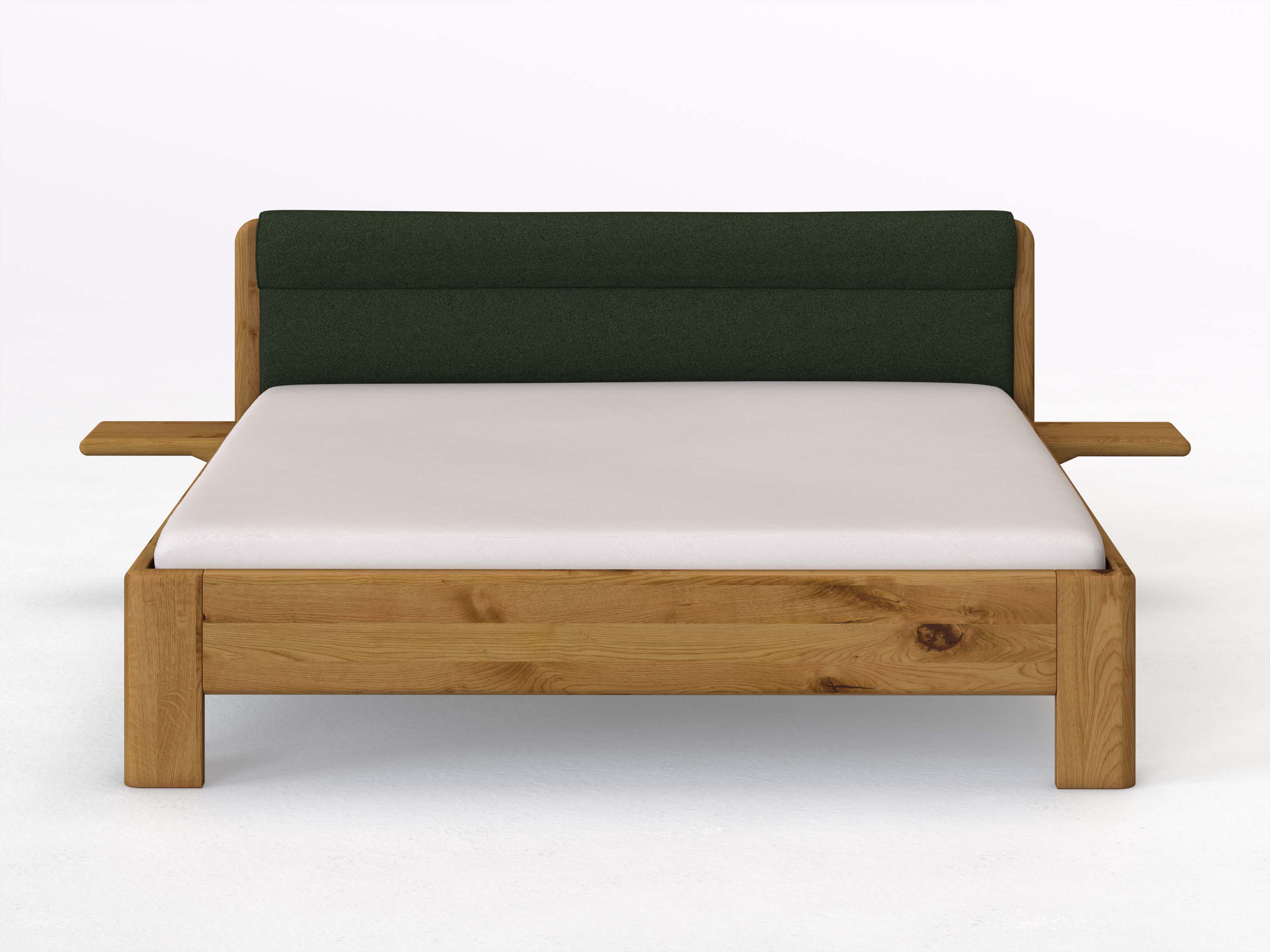 Wildeichenbett „Niklas“ in 180 x 200 cm mit 2 Ablagen und Stoffkopfteil - Stoff: Schafschurwolle „Loden“ in der Farbe Tannenwald
