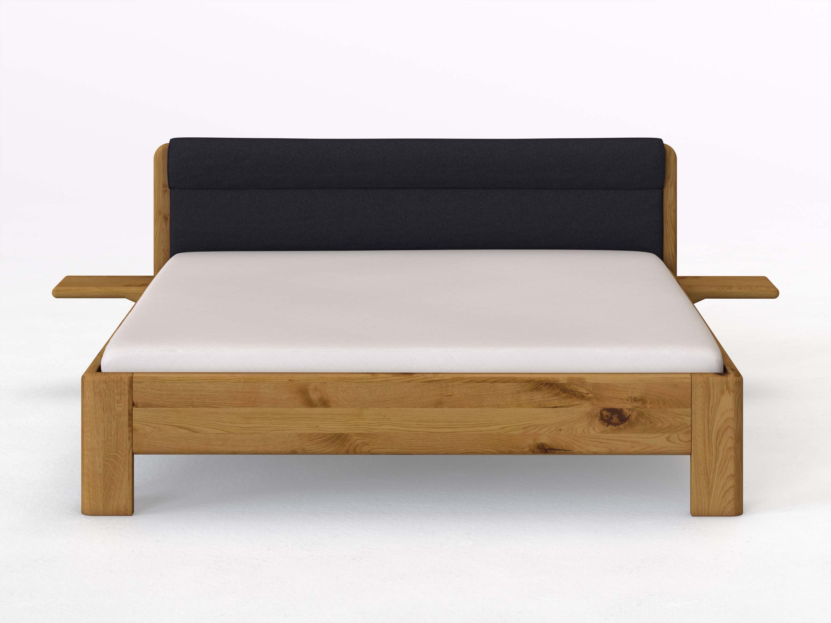 Wildeichenbett „Niklas“ in 180 x 200 cm mit 2 Ablagen und Stoffkopfteil - Stoff: Schafschurwolle „Loden“ in der Farbe Nachtblau