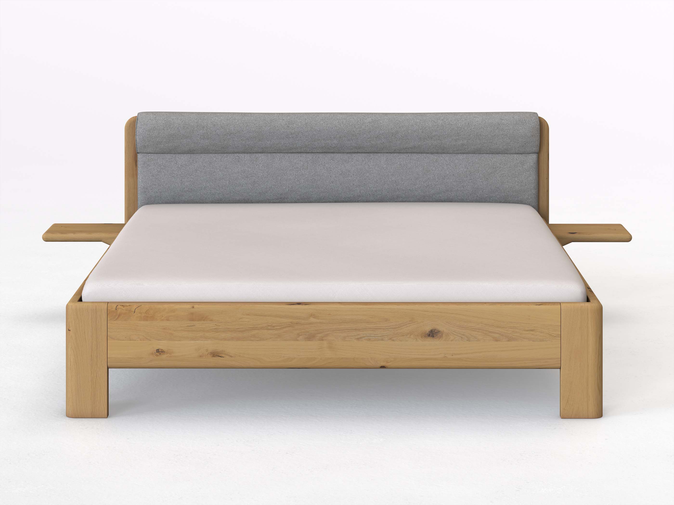 Wildeichenbett Hell „Niklas“ in 180 x 200 cm mit 2 Ablagen und Stoffkopfteil - Stoff: Schafschurwolle „Loden“ in der Farbe Nebelgrau