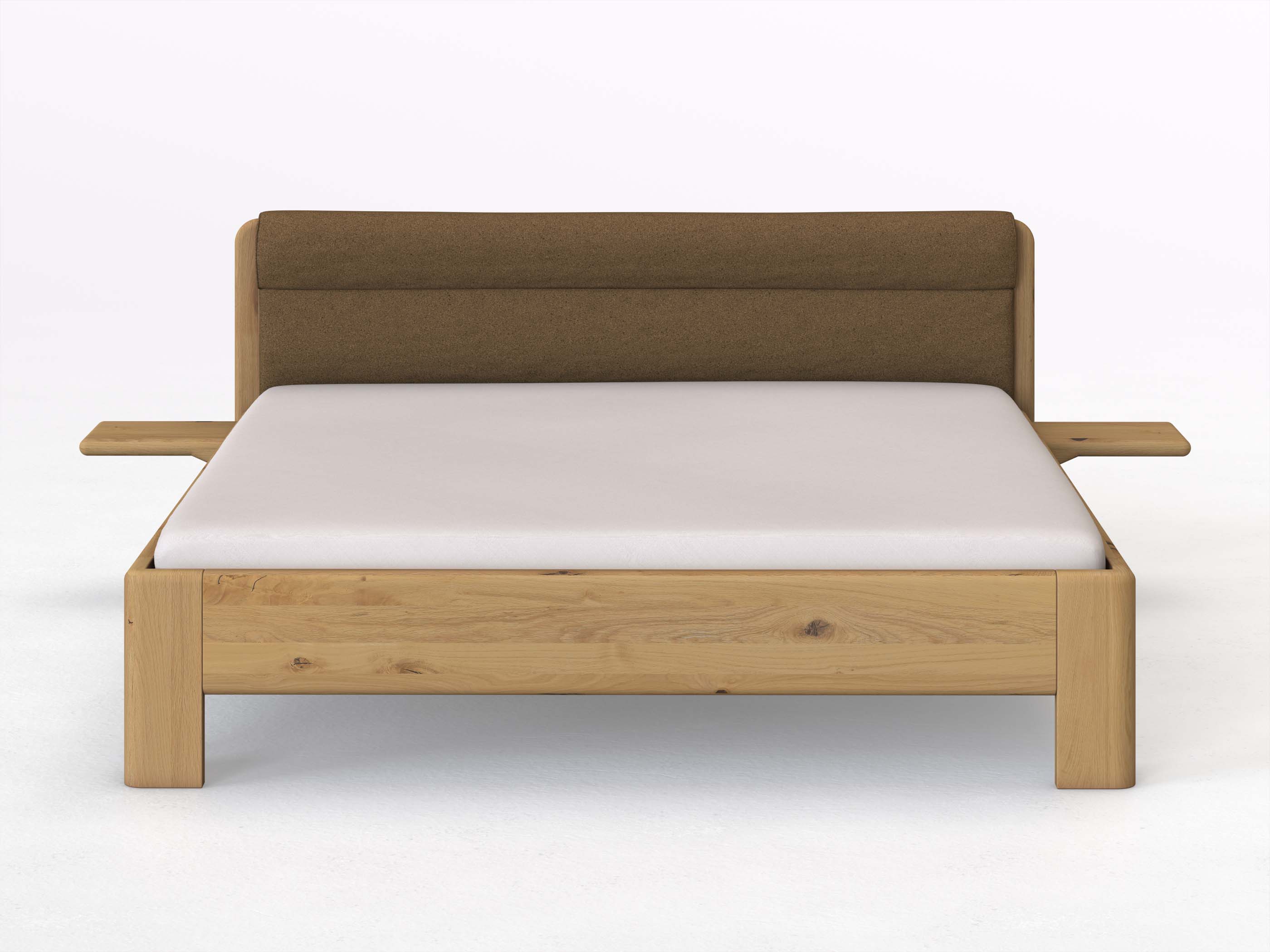 Wildeichenbett Hell „Niklas“ in 180 x 200 cm mit 2 Ablagen und Stoffkopfteil - Stoff: Schafschurwolle „Loden“ in der Farbe Zimtrinde