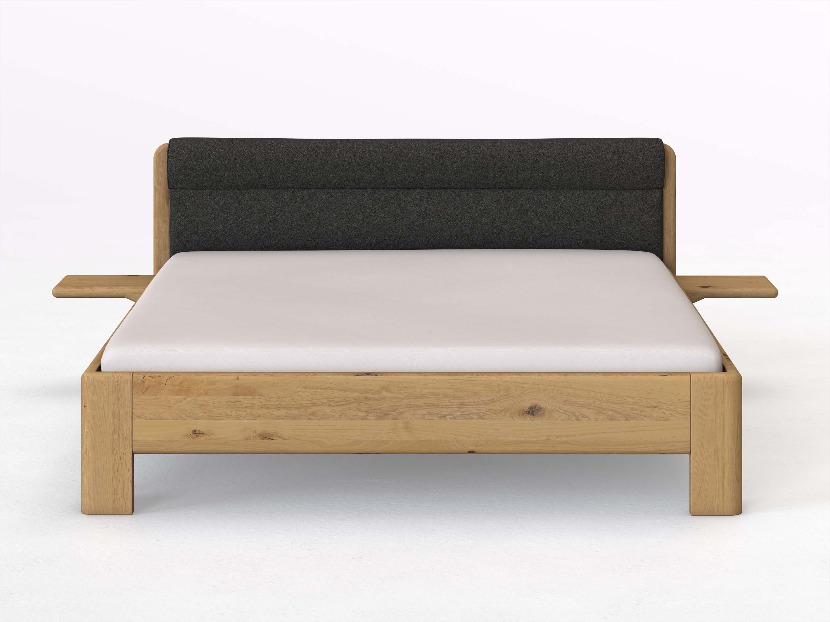 Wildeichenbett Hell „Niklas“ in 180 x 200 cm mit 2 Ablagen und Stoffkopfteil - Stoff: Schafschurwolle „Loden“ in der Farbe Anthrazit