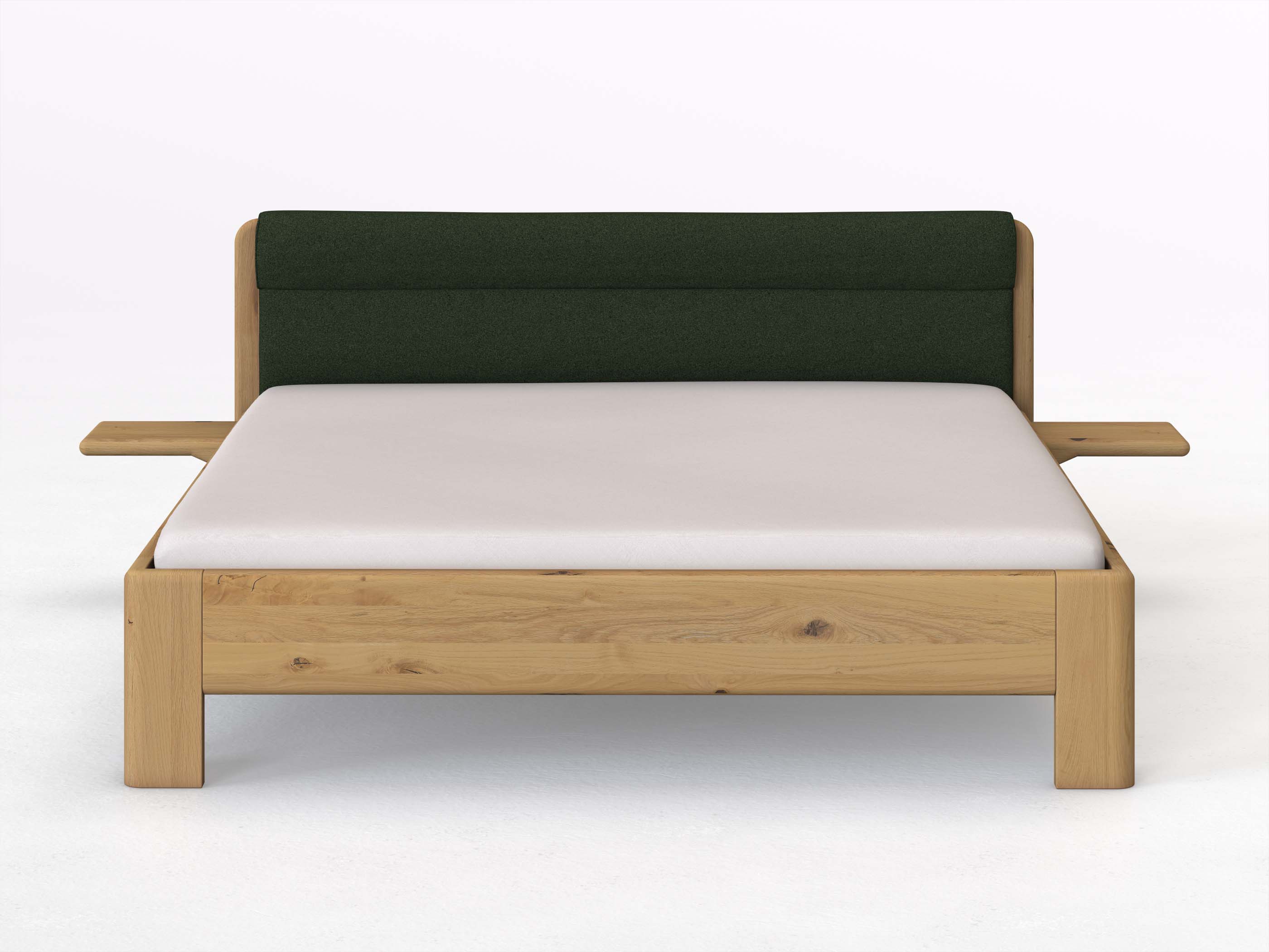 Wildeichenbett Hell „Niklas“ in 180 x 200 cm mit 2 Ablagen und Stoffkopfteil - Stoff: Schafschurwolle „Loden“ in der Farbe Tannenwald