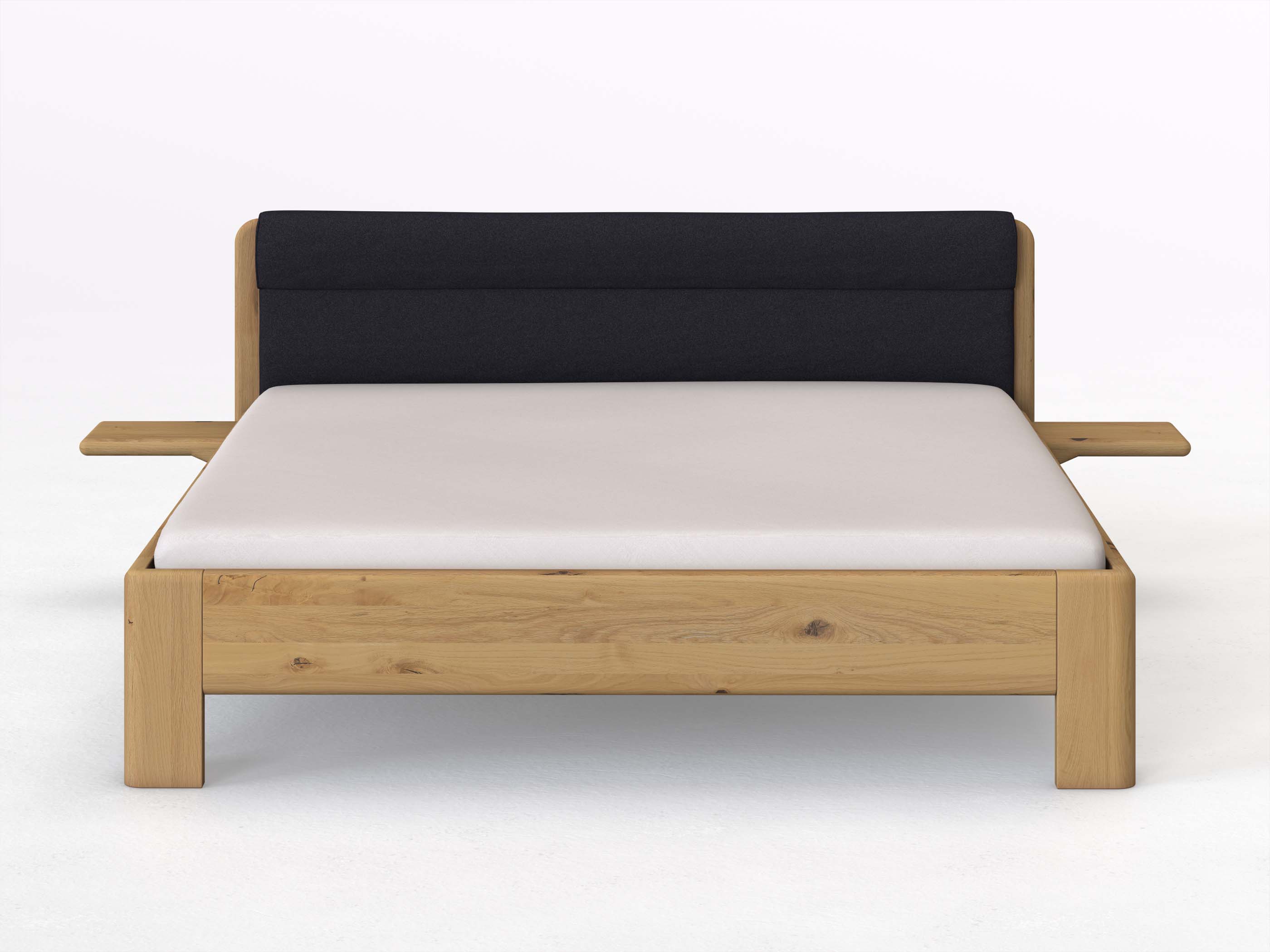 Wildeichenbett Hell „Niklas“ in 180 x 200 cm mit 2 Ablagen und Stoffkopfteil - Stoff: Schafschurwolle „Loden“ in der Farbe Nachtblau