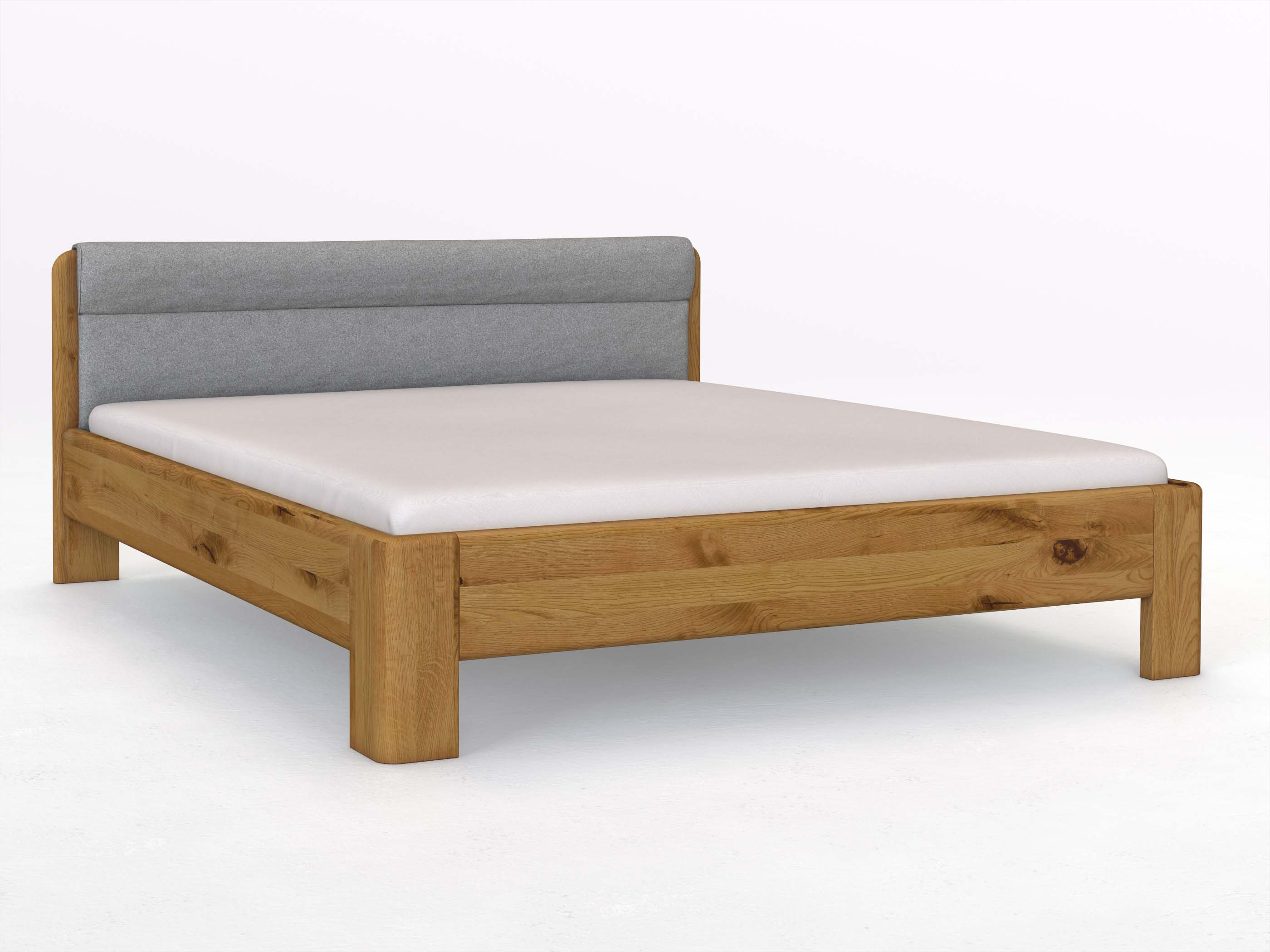 Wildeichenbett „Niklas“ in 180 x 200 cm mit Stoffkopfteil - Stoff: Schafschurwolle „Loden“ in der Farbe Nebelgrau