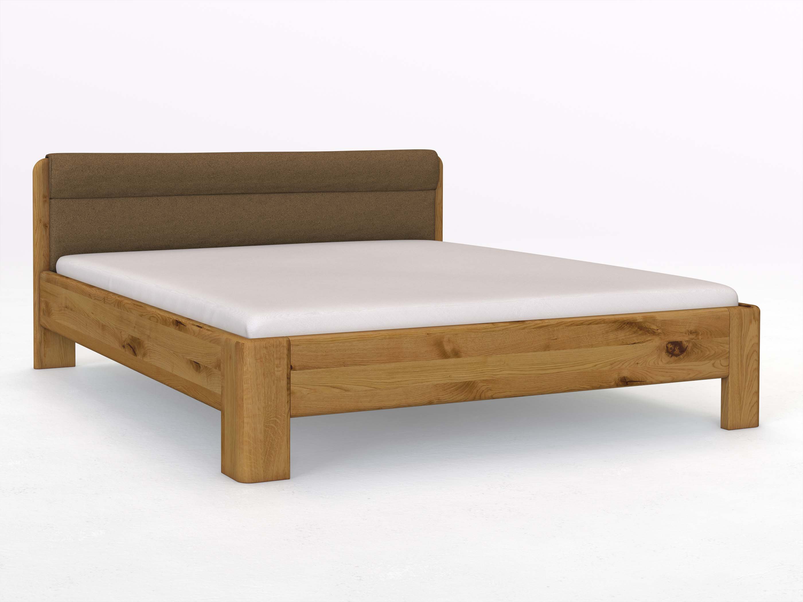 Wildeichenbett „Niklas“ in 180 x 200 cm mit Stoffkopfteil - Stoff: Schafschurwolle „Loden“ in der Farbe Zimtrinde