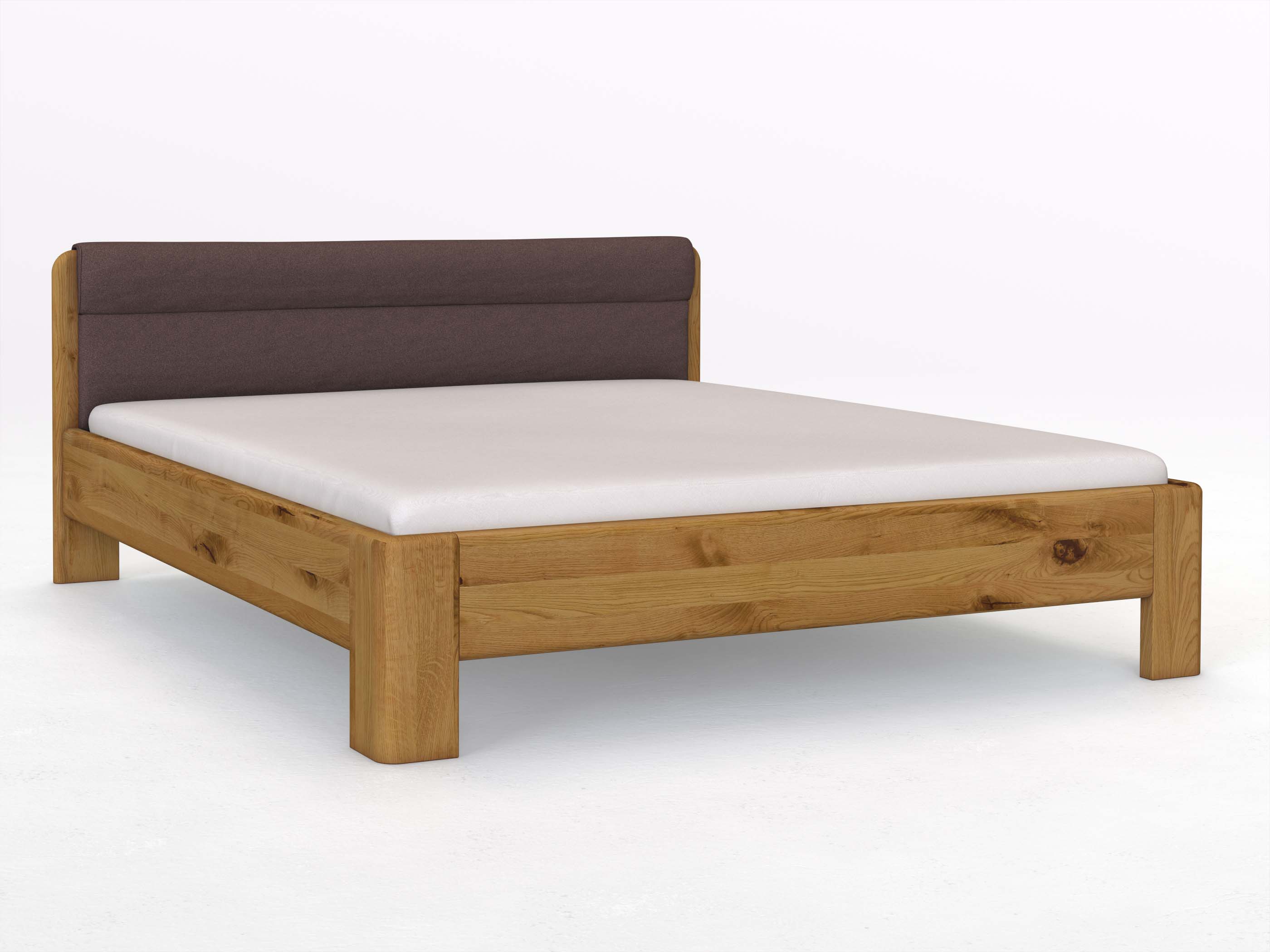 Wildeichenbett „Niklas“ in 180 x 200 cm mit Stoffkopfteil - Stoff: Schafschurwolle „Loden“ in der Farbe Abenddämmerung