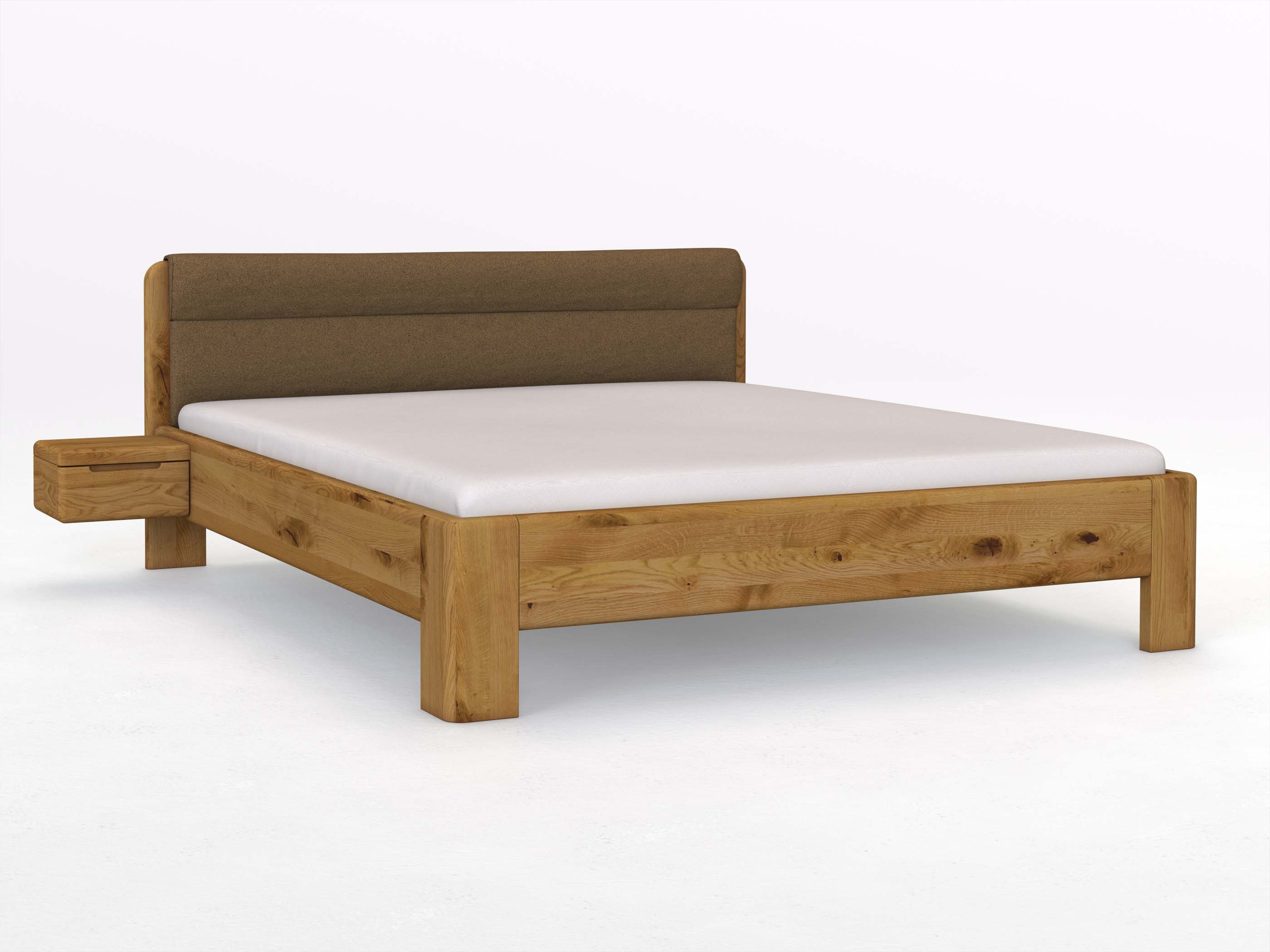 Wildeichenbett „Niklas“ in 180 x 200 cm mit 2 Nachttischen - Griff: Griffleiste B und mit Stoffkopfteil - Stoff: Schafschurwolle „Loden“ in der Farbe Zimtrinde