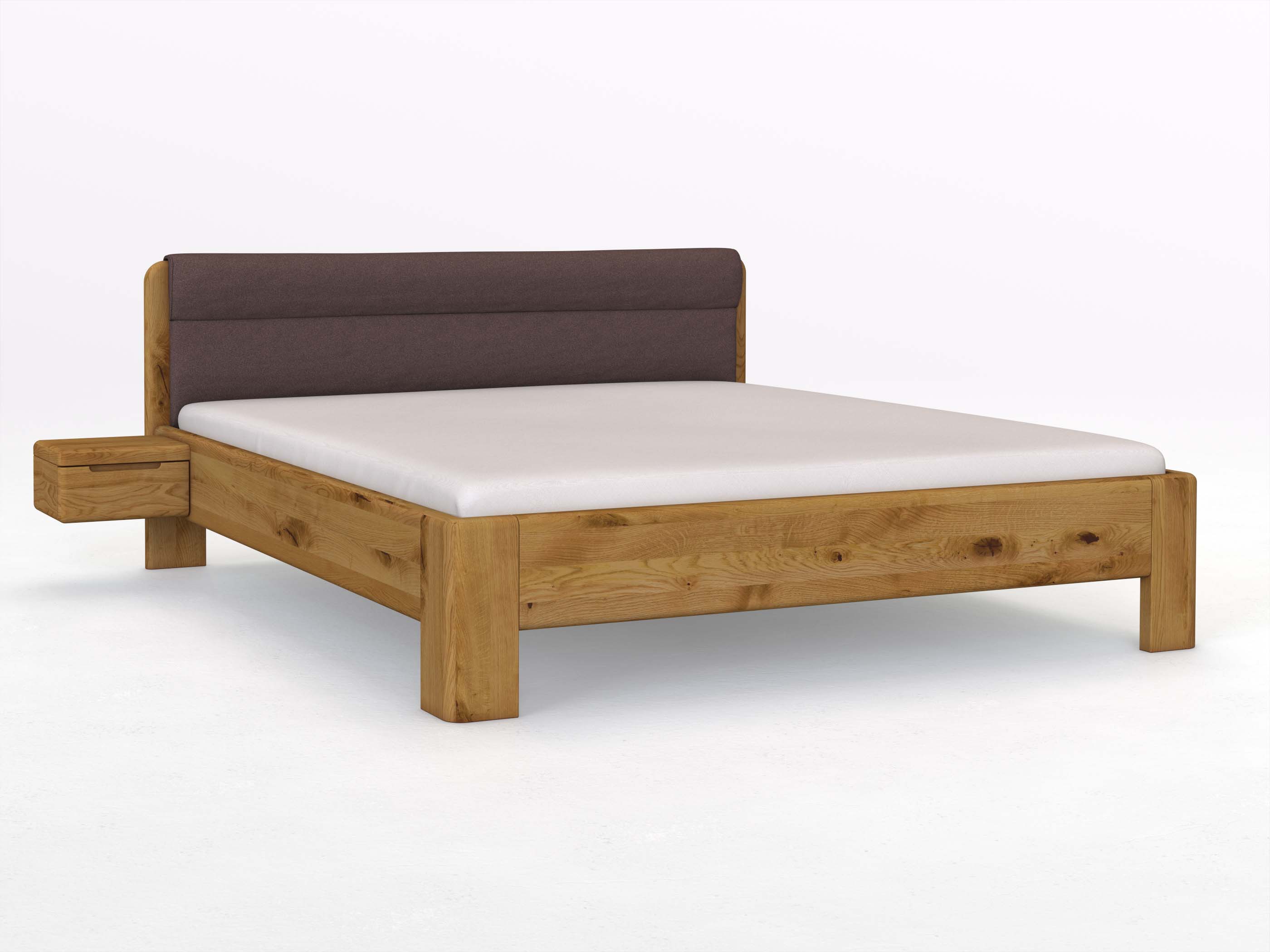 Wildeichenbett „Niklas“ in 180 x 200 cm mit 2 Nachttischen - Griff: Griffleiste B und mit Stoffkopfteil - Stoff: Schafschurwolle „Loden“ in der Farbe Abenddämmerung