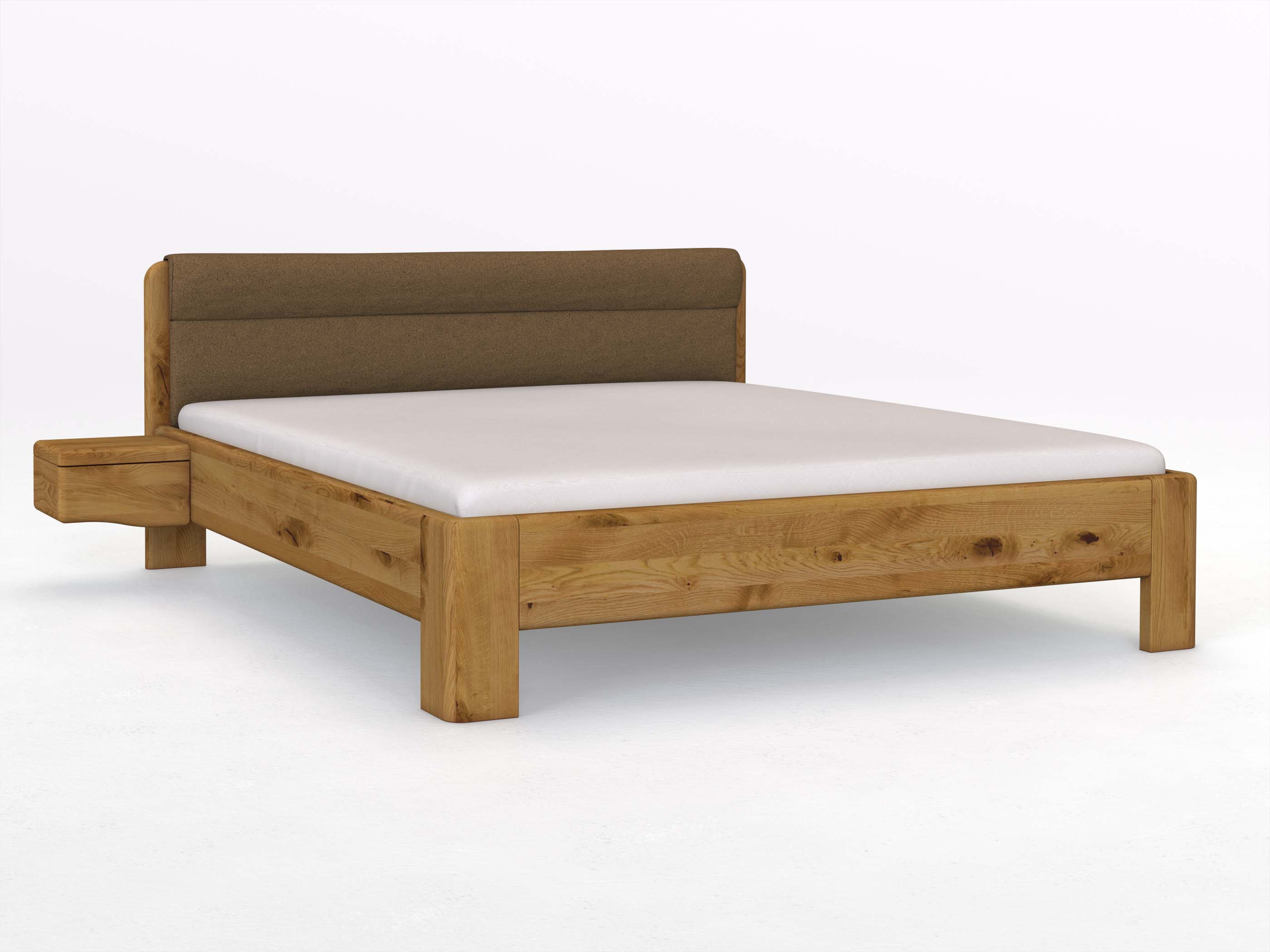 Wildeichenbett „Niklas“ in 180 x 200 cm mit 2 Nachttischen - Griff: Welle und mit Stoffkopfteil - Stoff: Schafschurwolle „Loden“ in der Farbe Zimtrinde