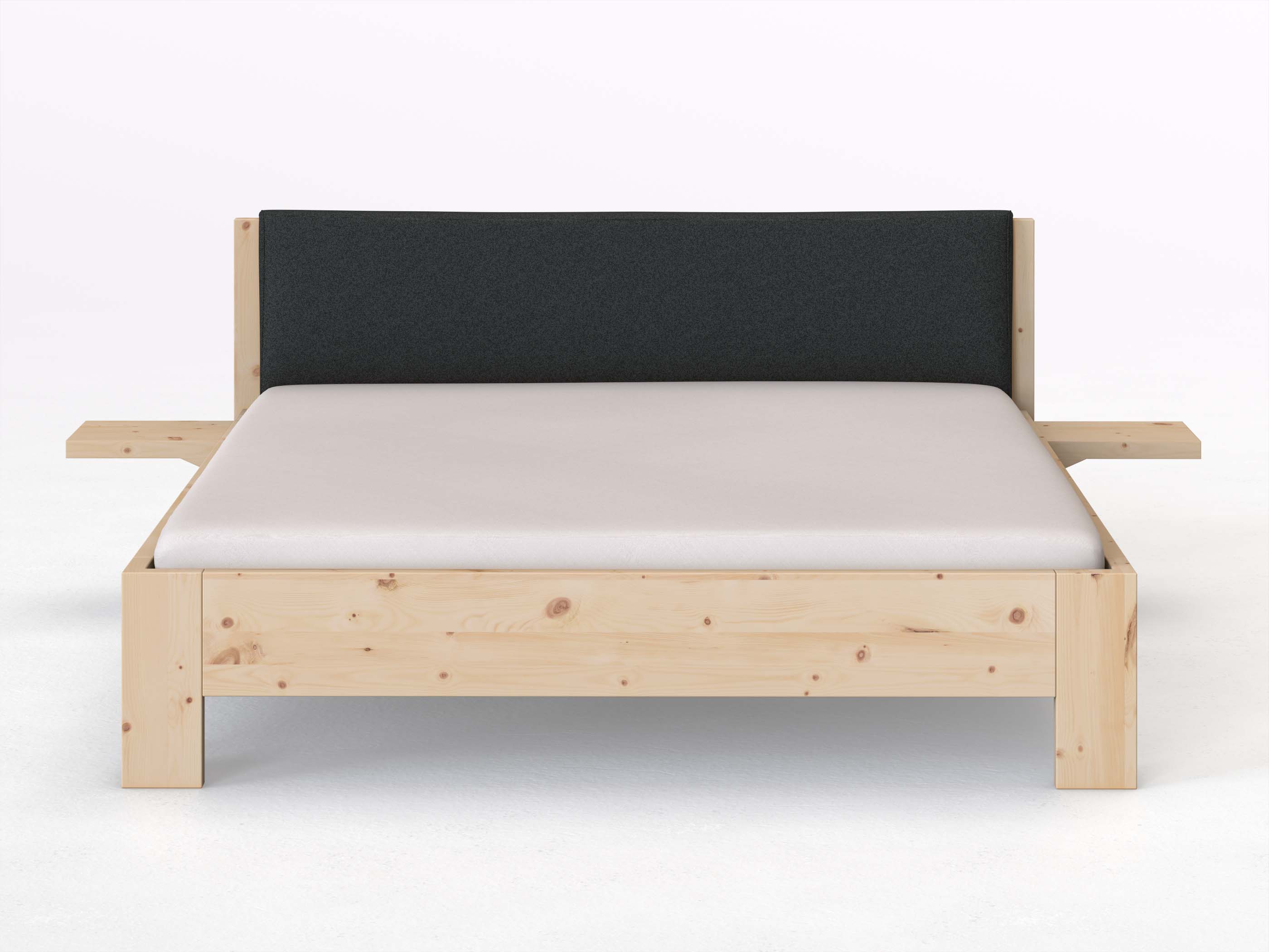 Zirbenbett „Alois“ in 180 x 200 cm mit 2 Ablagen und Stoffkopfteil - Stoff: Schafschurwolle „Fischgrät“ in der Farbe Wacholderbeere