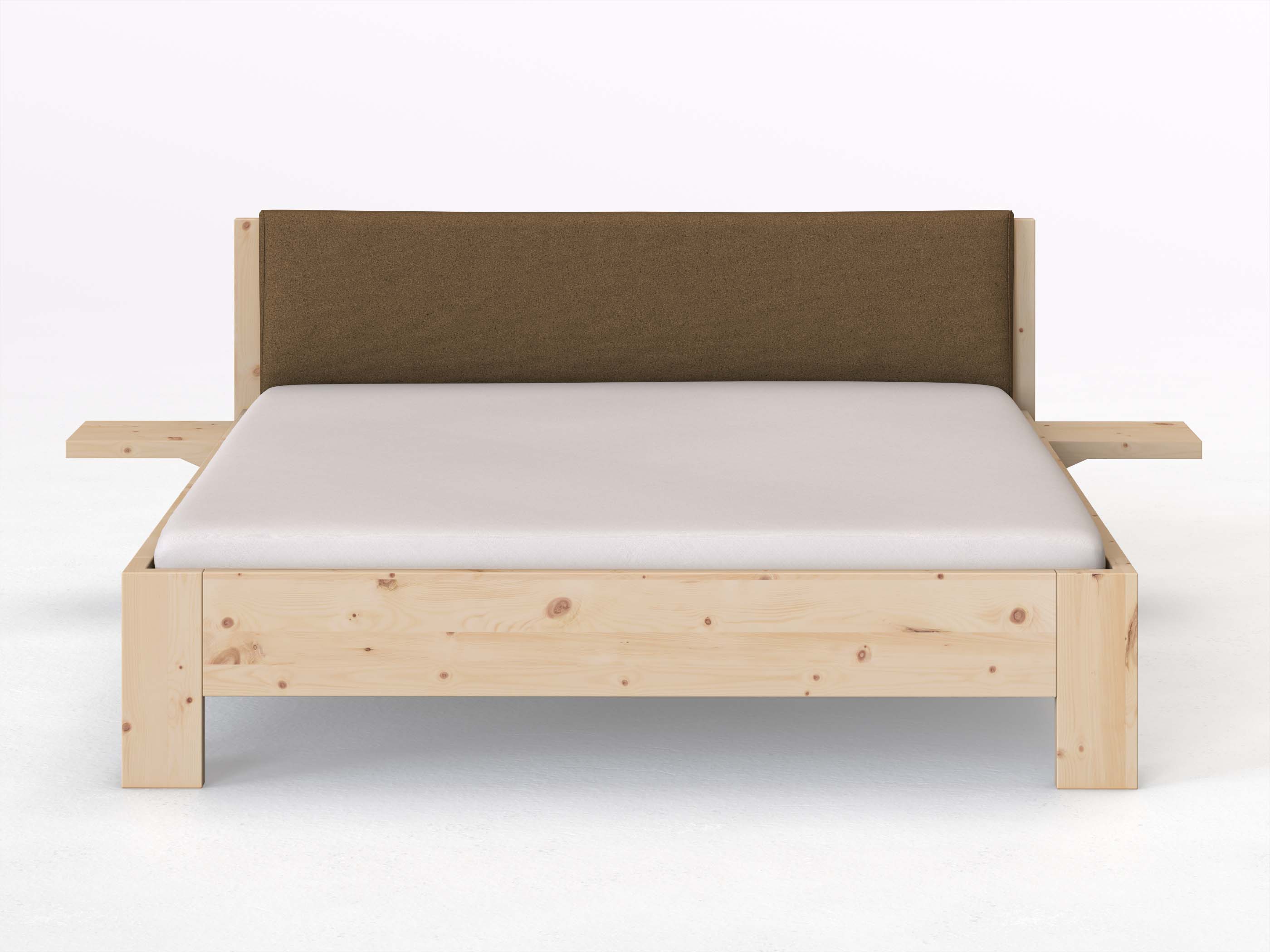 Zirbenbett „Alois“ in 180 x 200 cm mit 2 Ablagen und Stoffkopfteil - Stoff: Schafschurwolle „Loden“ in der Farbe Zimtrinde